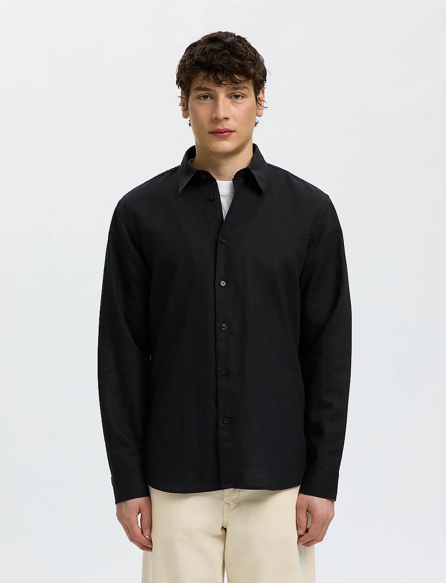Selected - SLMREGCLAY LINENBLEND LS SHIRT CLA NOOS - casual skjorter - black - 0