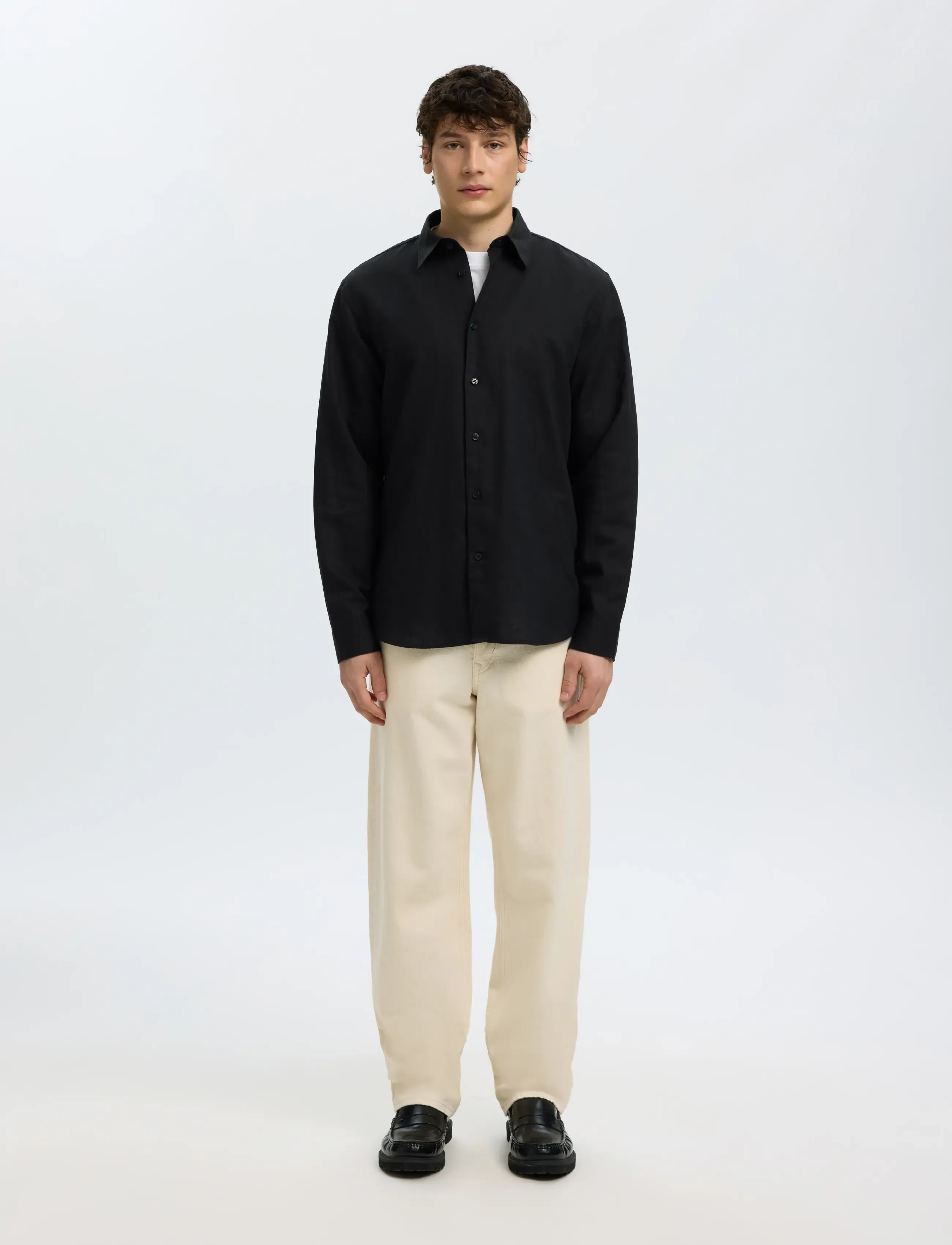 Selected - SLMREGCLAY LINENBLEND LS SHIRT CLA NOOS - casual skjorter - black - 3