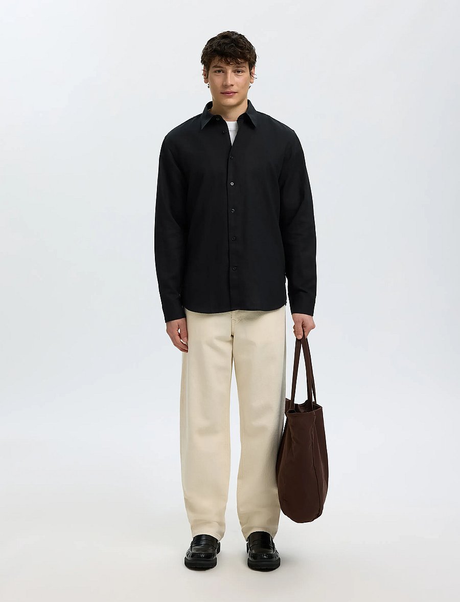 Selected - SLMREGCLAY LINENBLEND LS SHIRT CLA NOOS - casual skjorter - black - 5