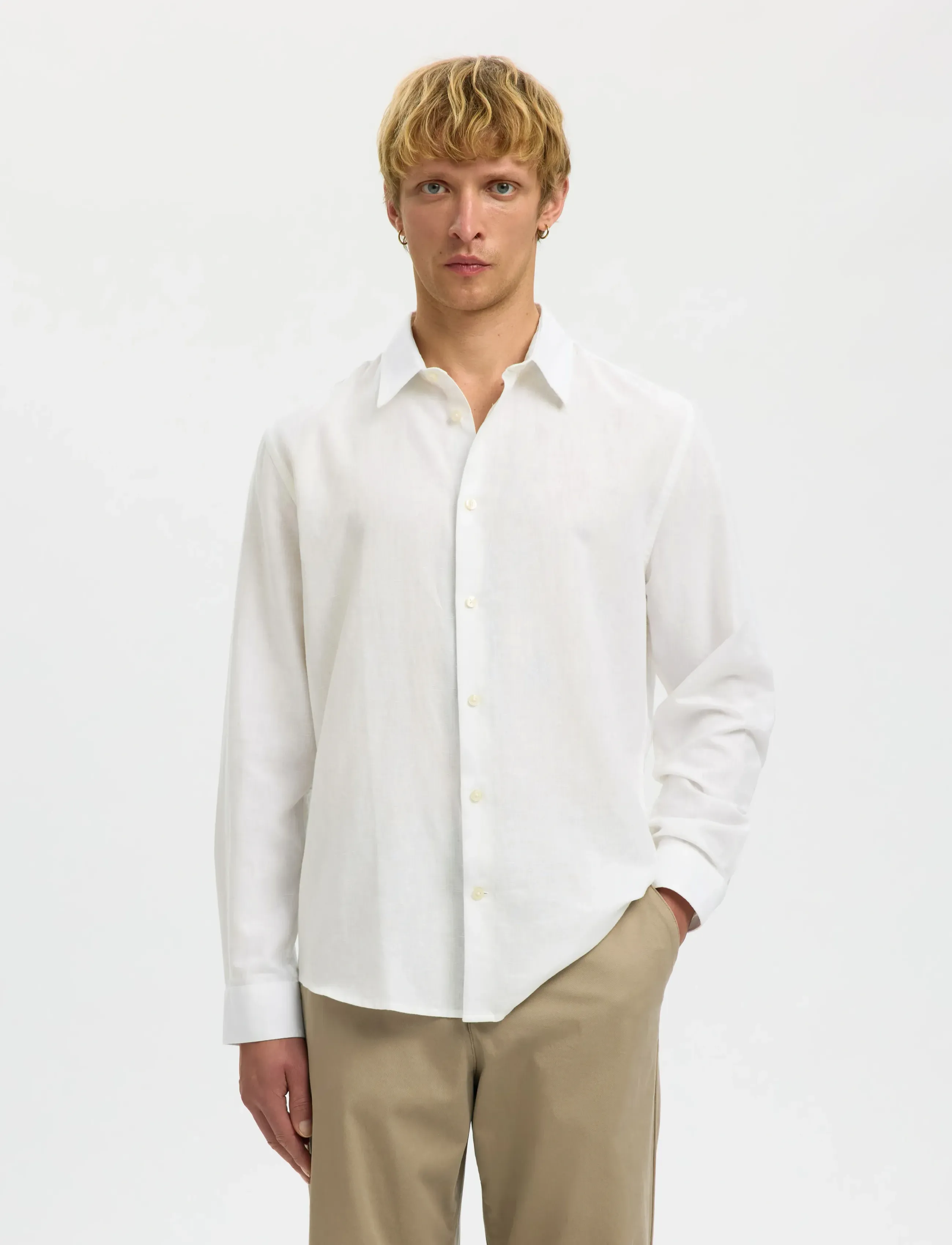 Selected SLMREGCLAY LINENBLEND LS SHIRT CLA NOOS - Tøj - BRIGHT WHITE / cream