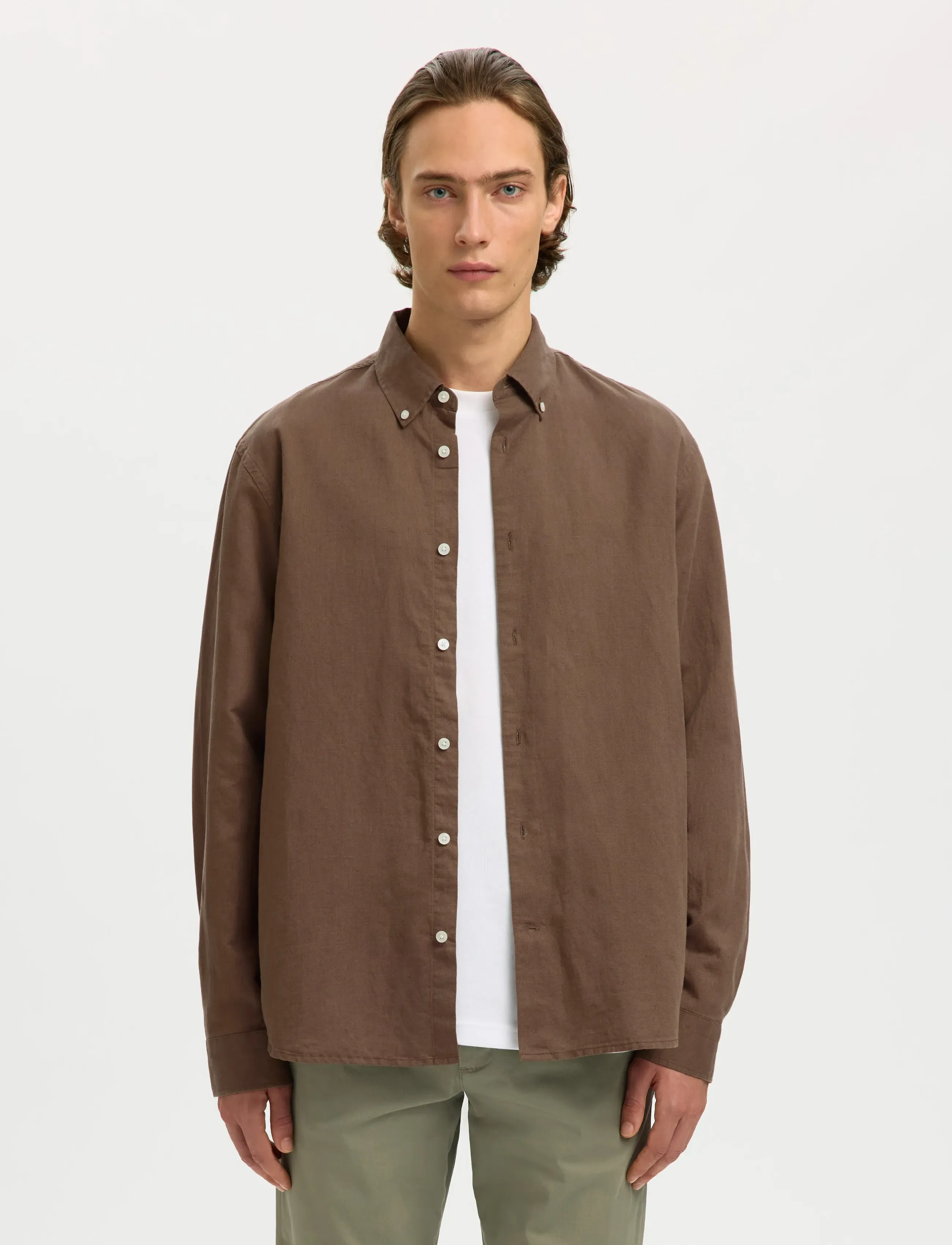 Selected SLMREGCLAY LINENBLEND LS SHIRT CLA NOOS - Riided - CHOCOLATE CHIP / brown