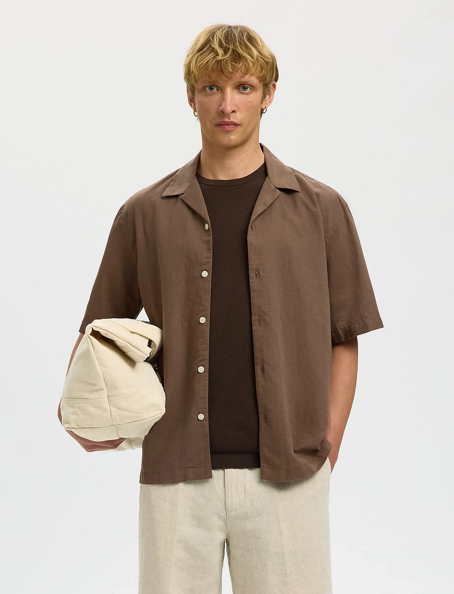 Selected - SLMRLXCLAY LINENBLEND SS SHIRT RES NOOS - chemises de lin - chocolate chip - 0