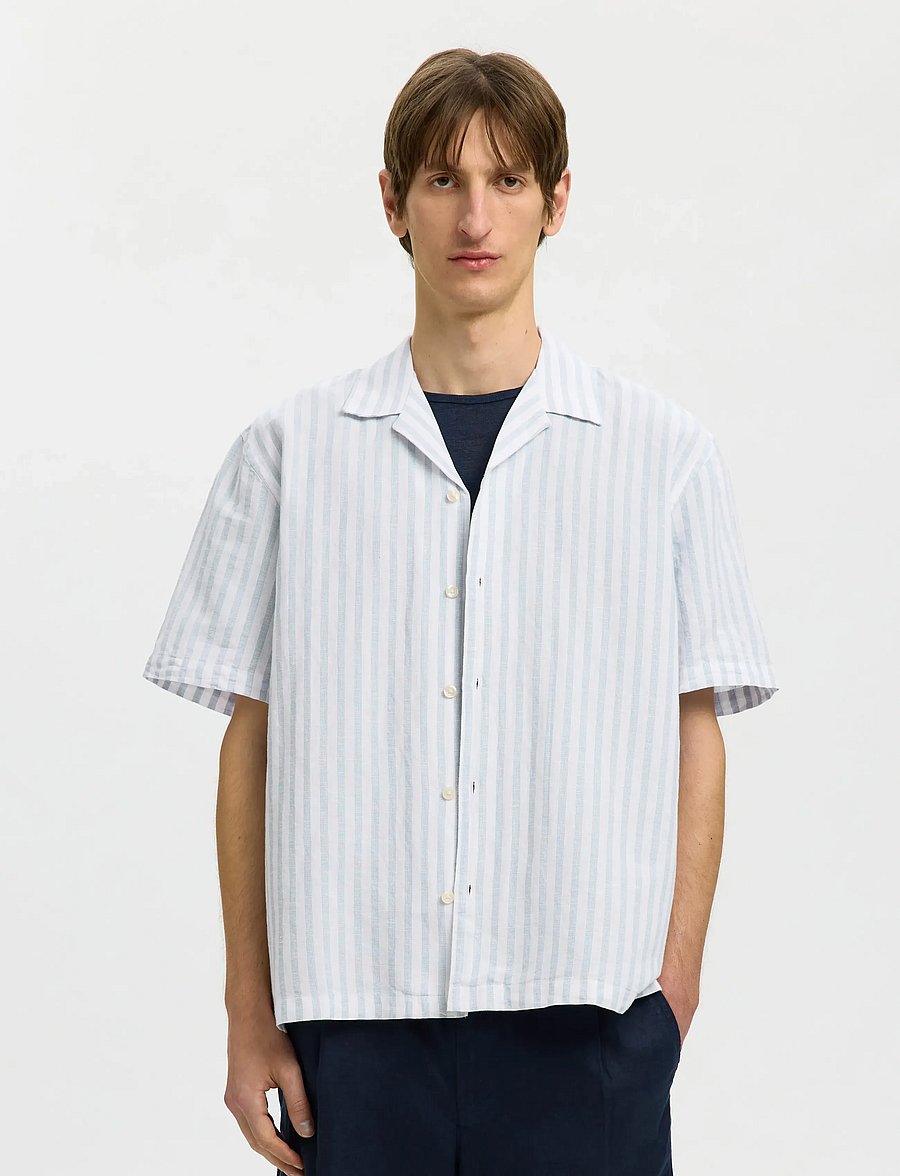Selected - SLMRLXCLAY LINENBLEND SS SHIRT RES NOOS - linen shirts - dusty blue - 0