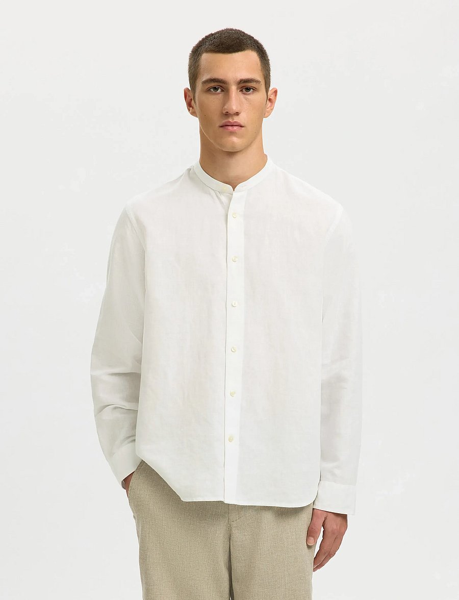 Selected - SLMREGCLAY LINENBLEND LS SHIRT BAND NOOS - linen shirts - bright white - 0