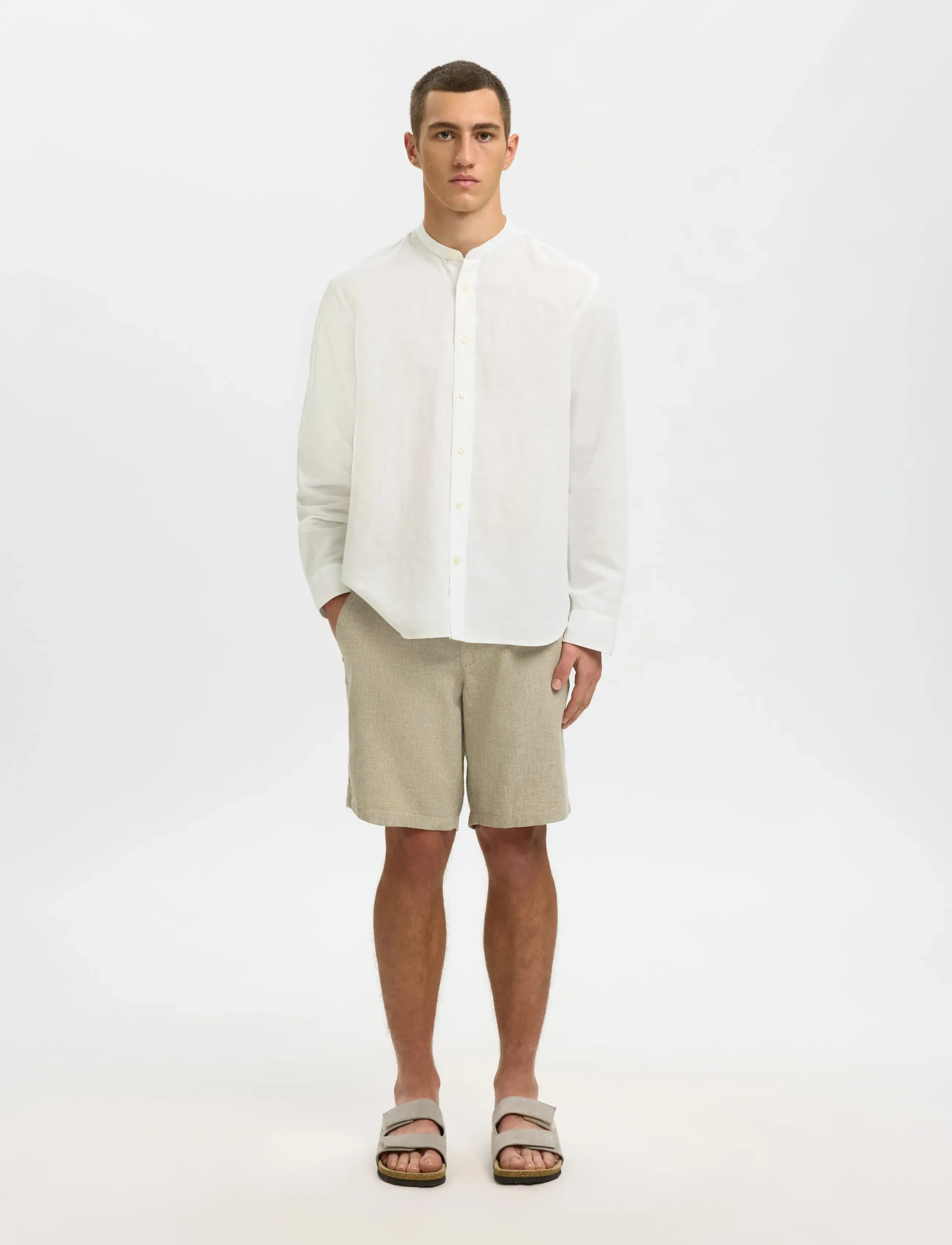 Selected - SLMREGCLAY LINENBLEND LS SHIRT BAND NOOS - hørskjorter - bright white - 3