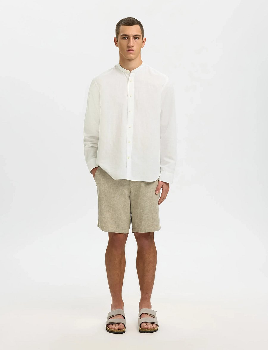 Selected - SLMREGCLAY LINENBLEND LS SHIRT BAND NOOS - linen shirts - bright white - 3
