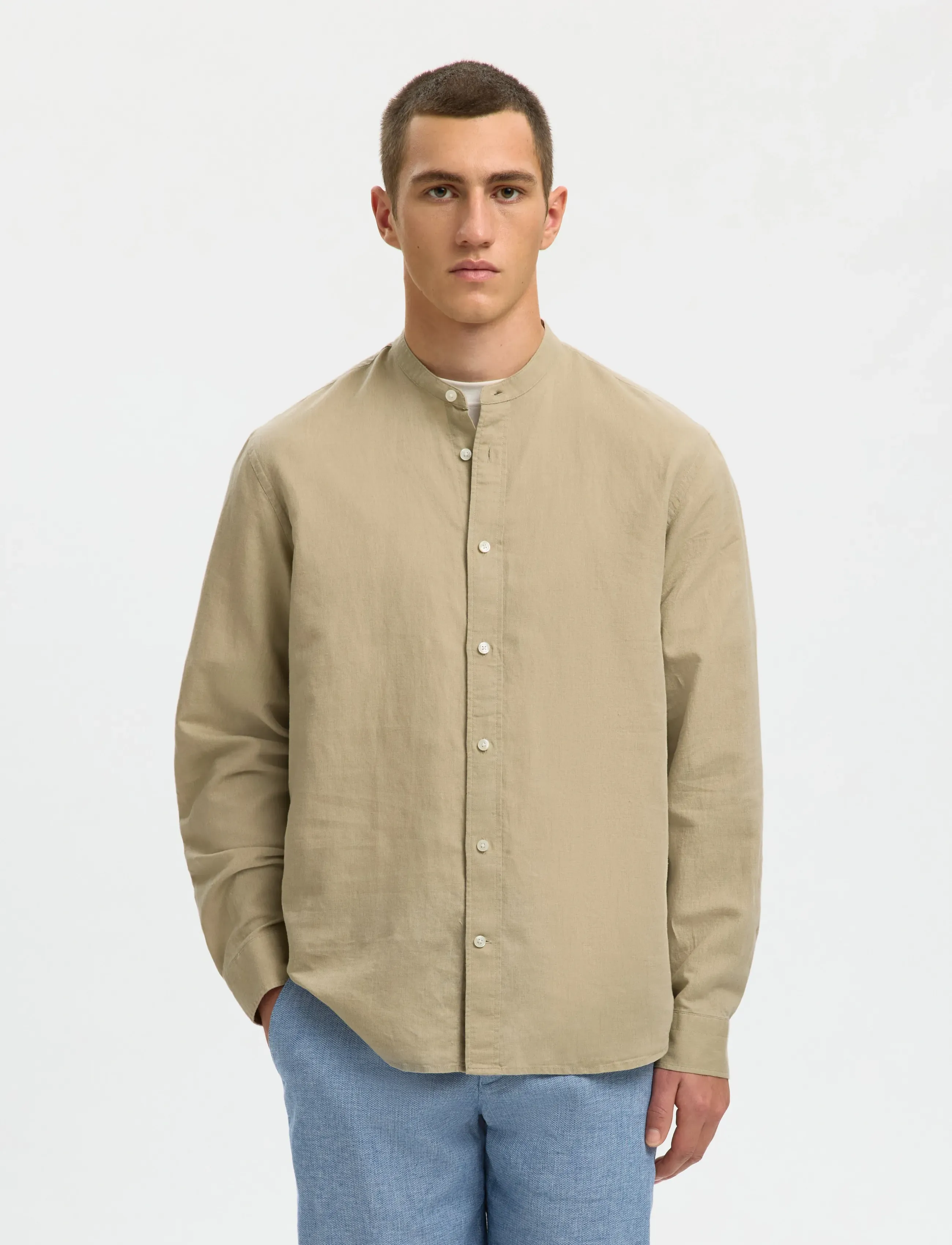 Selected SLMREGCLAY LINENBLEND LS SHIRT BAND NOOS - Riided - PURE CASHMERE / beige
