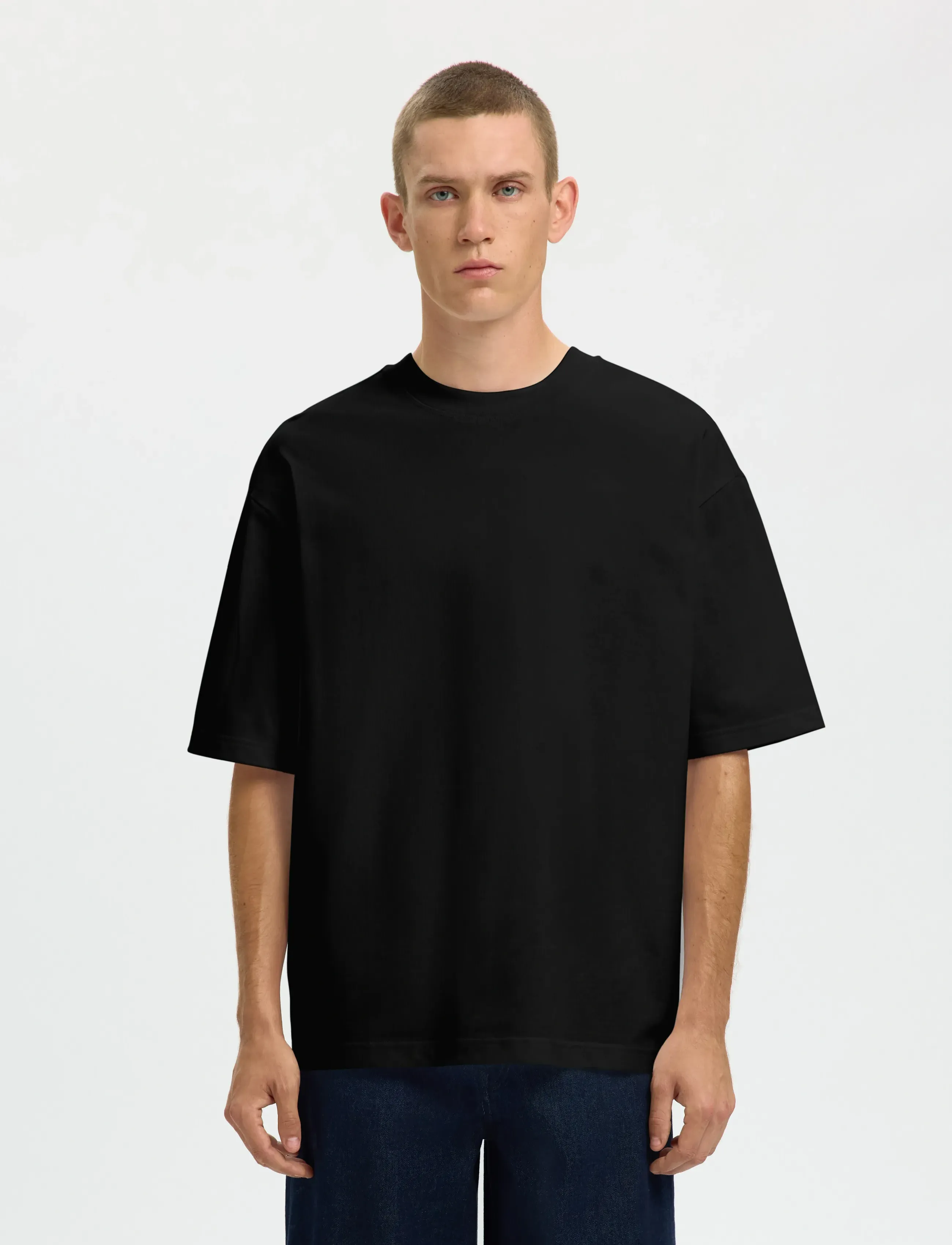 Selected SLMRELAXASPEN 2-PLY SS O-NECK NOOS - T-särgid - BLACK / black