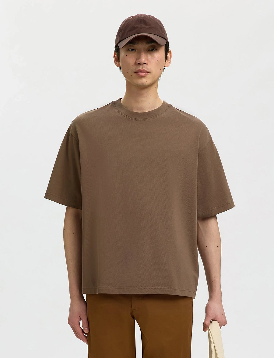 Selected - SLHRELAXASPEN 2-PLY SS O-NECK NOOS - kurzärmelige t-shirts - chocolate chip - 0