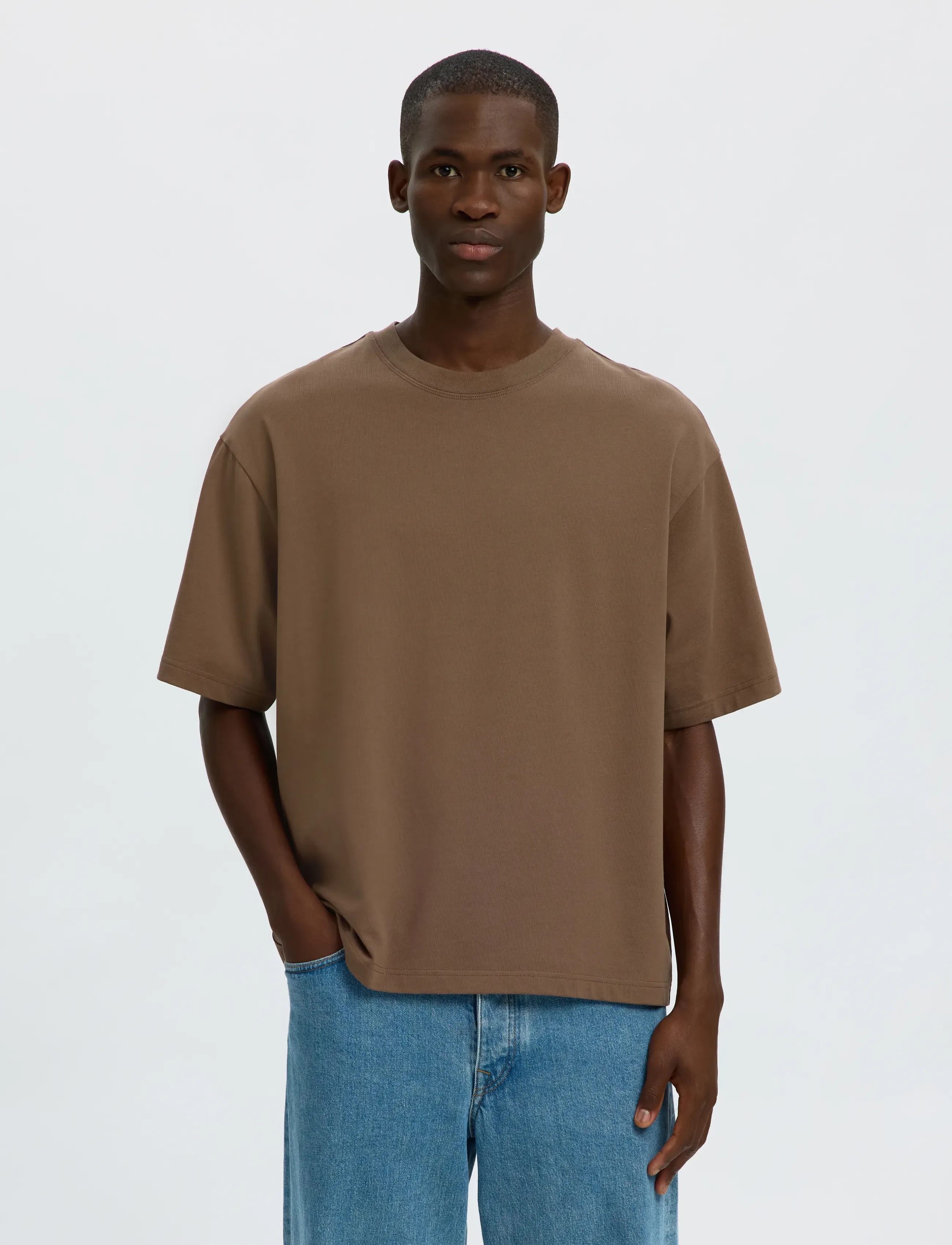 Selected SLMRELAXASPEN 2-PLY SS O-NECK NOOS - Kurzärmelige T-Shirts - CHOCOLATE CHIP / brown