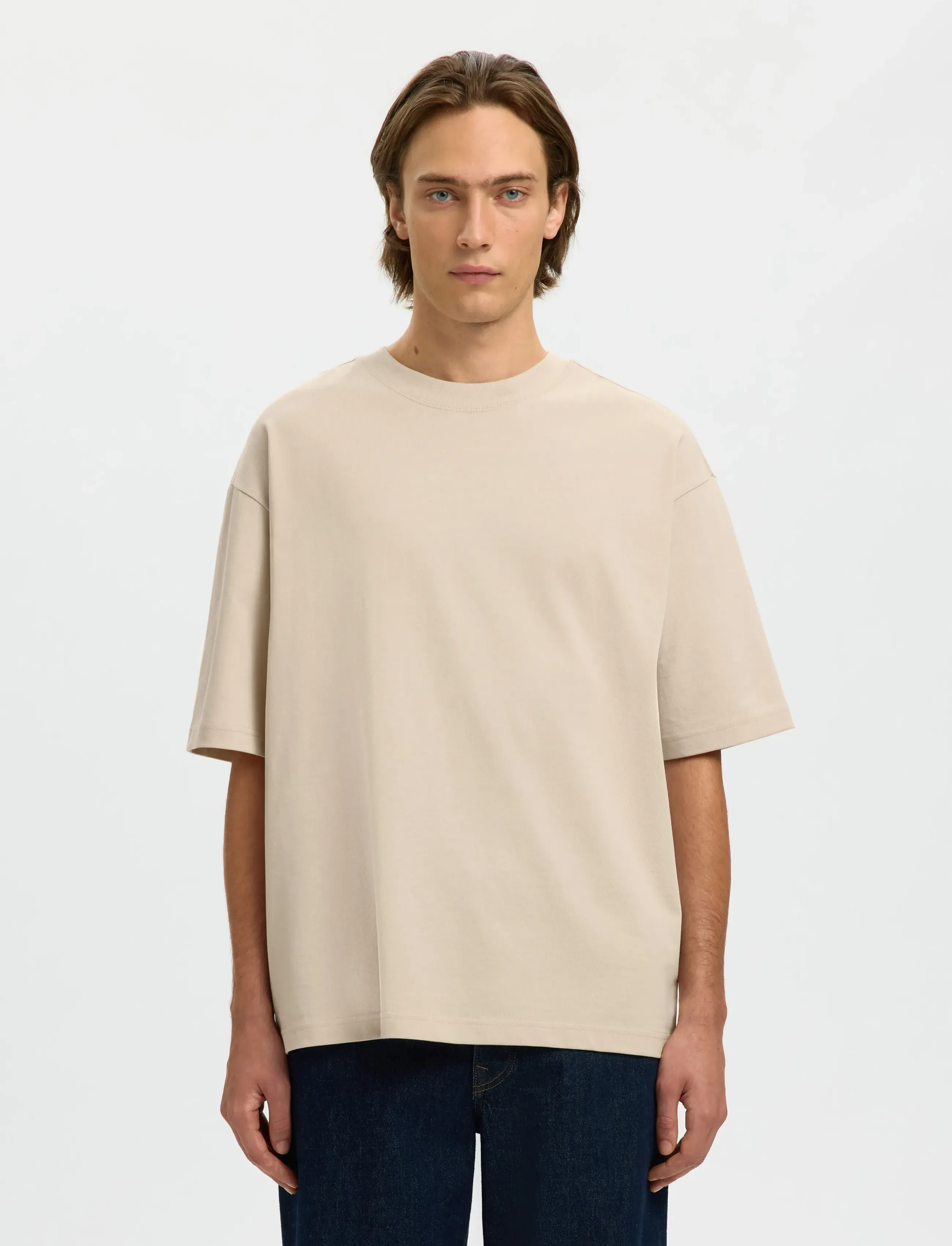 Selected Slhrelaxaspen 2-Ply Ss O-Neck Noos, M, T-shirts, Creme - Short-sleeved, Männerswear