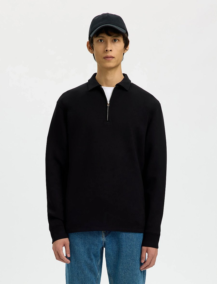Selected - SLHEMANUEL SOFT POLO ZIP SWEAT NOOS - sweatshirts - black - 0
