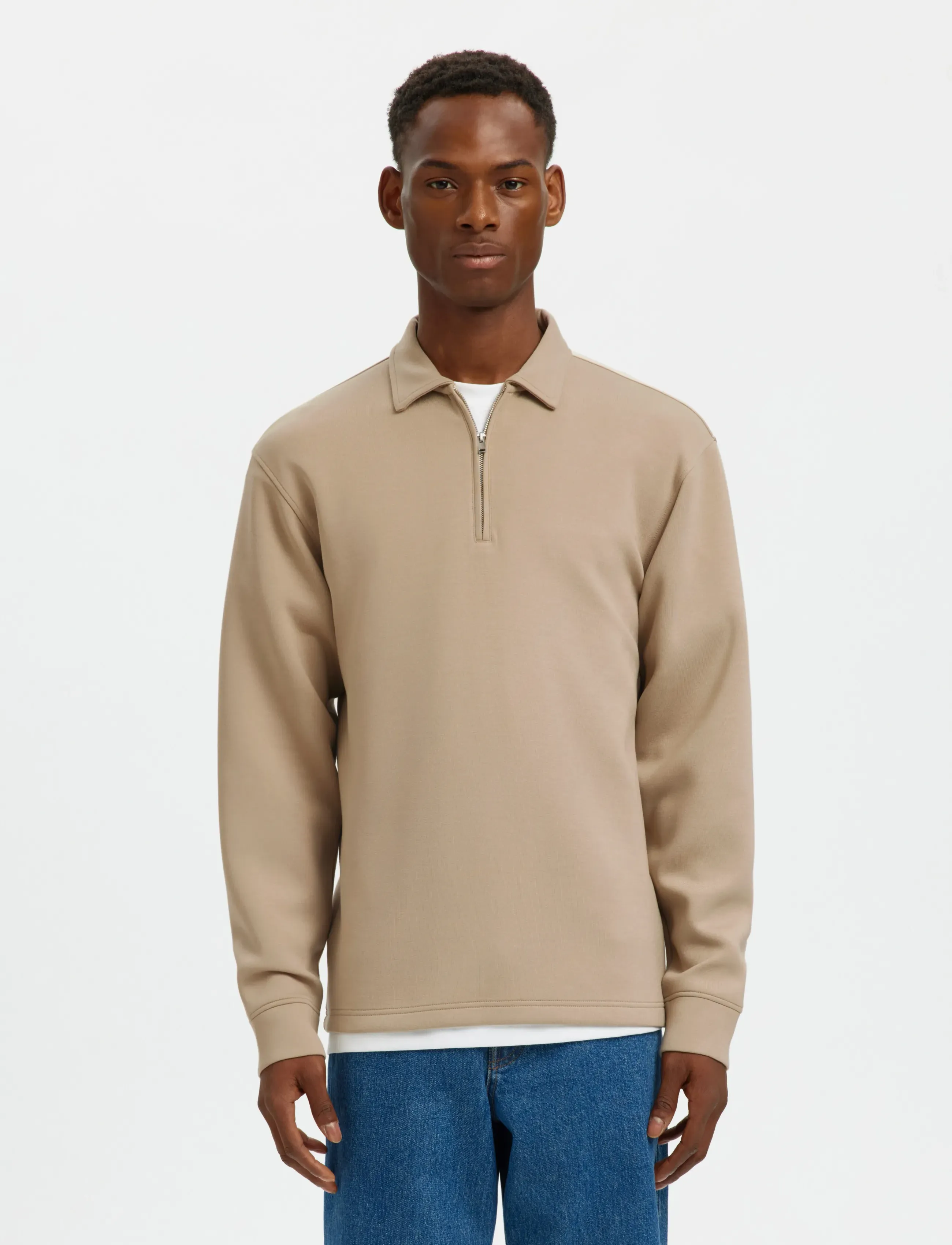 Selected Slhemanuel Soft Polo Zip Sweat Noos, L, Beige, Sweatshirts & Hættetrøjer > Sweatshirts, Herre