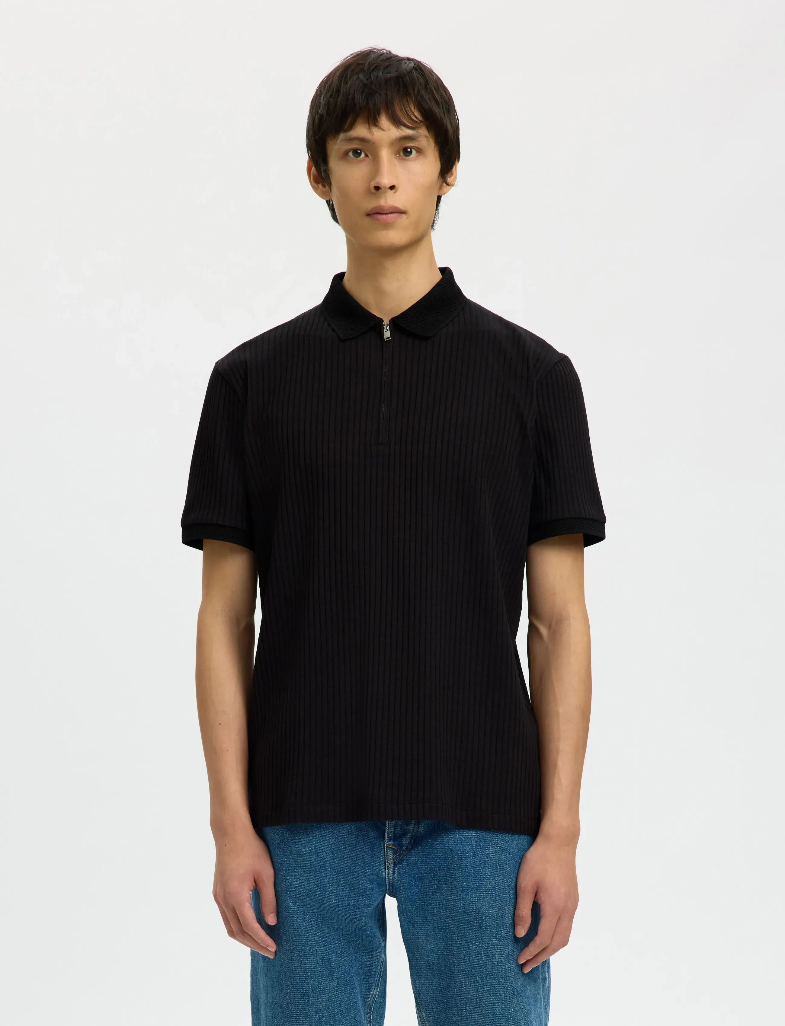 Selected Slhfave Structure Ss Polo Noos, S, Knitwear, Schwarz - Short Sleeve Knitted Polos, Männerswear
