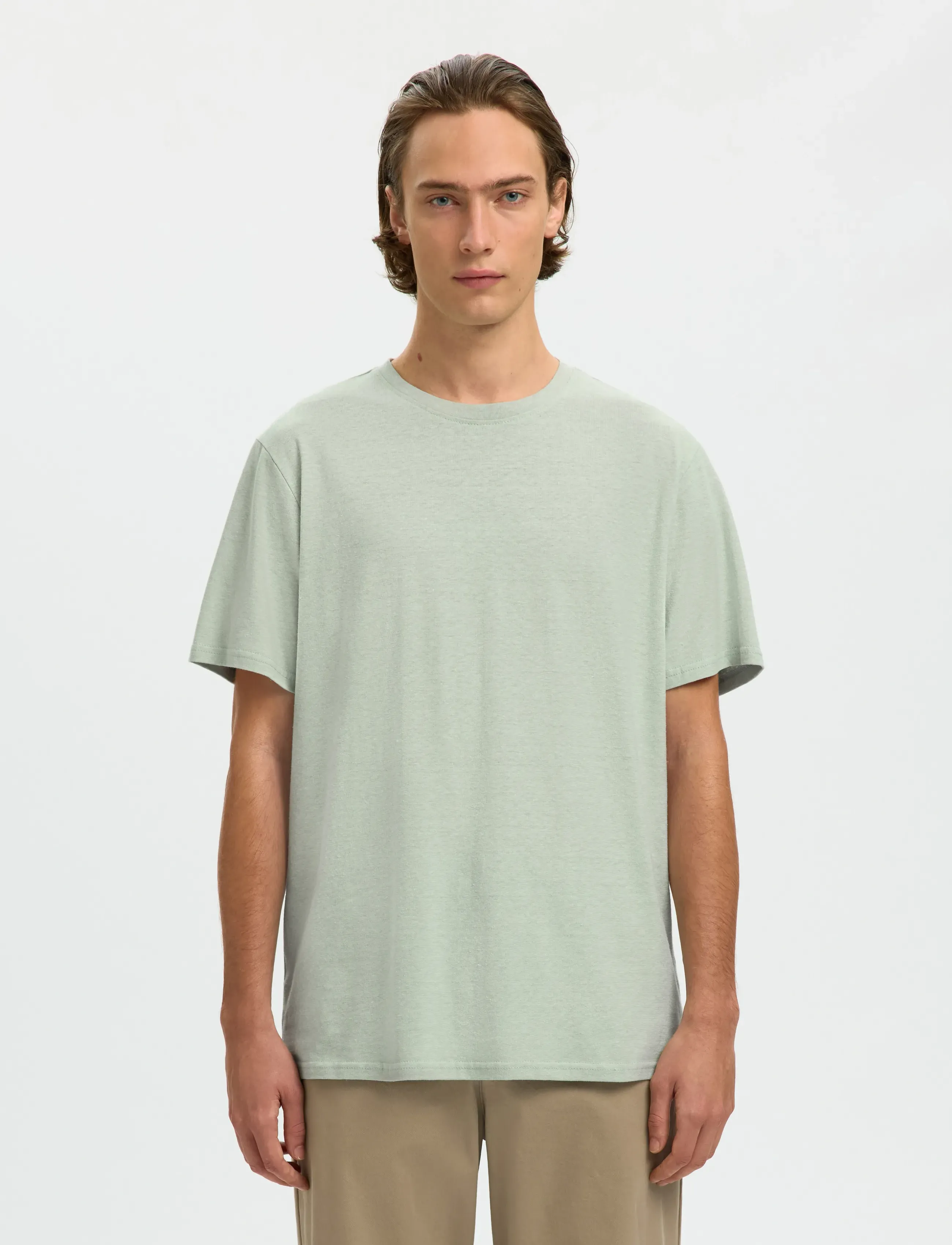 Selected SLHADAM LINEN BLEND SS TEE NOOS - Tänavastiil - AQUA GRAY / green