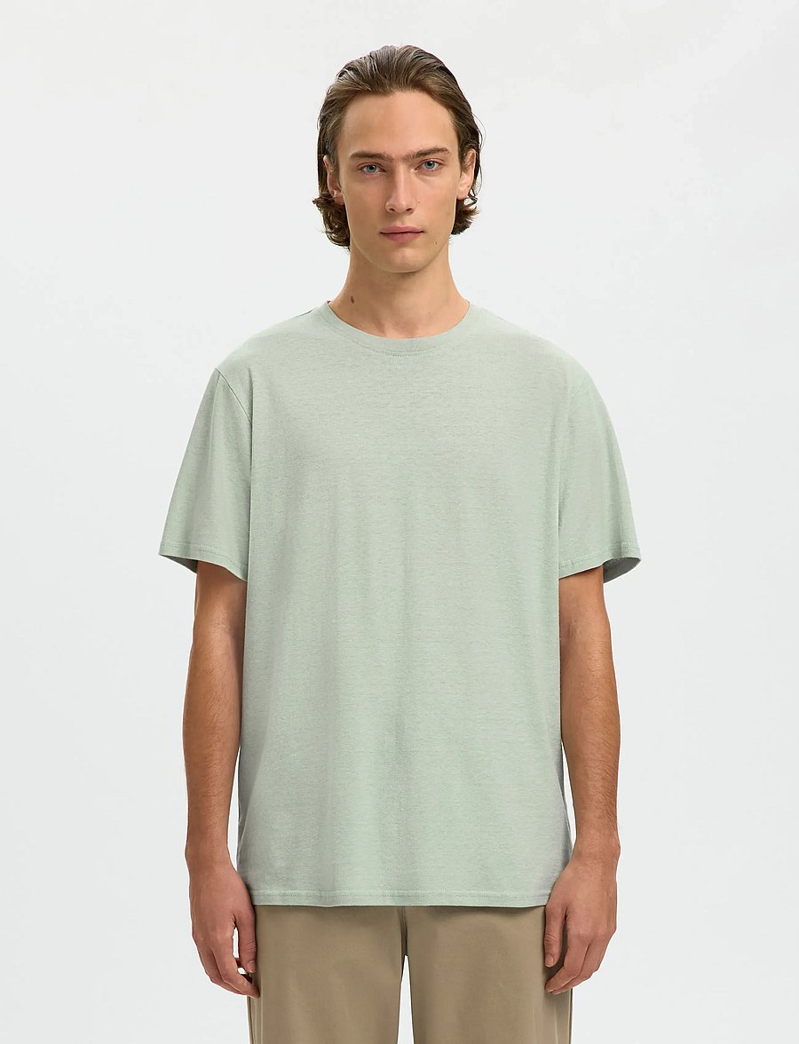 Selected - SLHADAM LINEN BLEND SS TEE NOOS - kurzärmelige t-shirts - aqua gray - 0