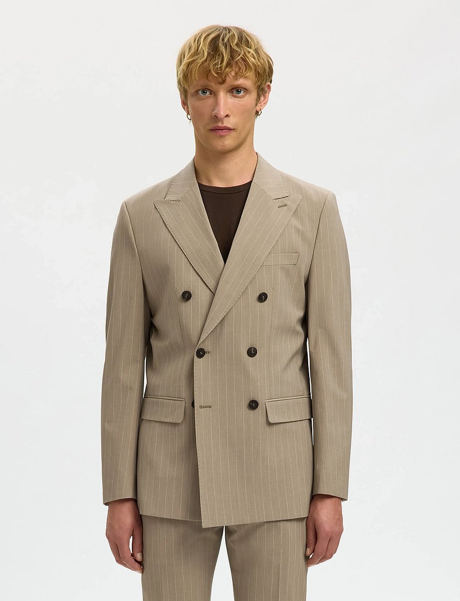 Selected - SLHSLIM-LIAM PINSTRIPED DB BLZ FLEX NOOS - dubbelknäppta kavajer - sand - 0