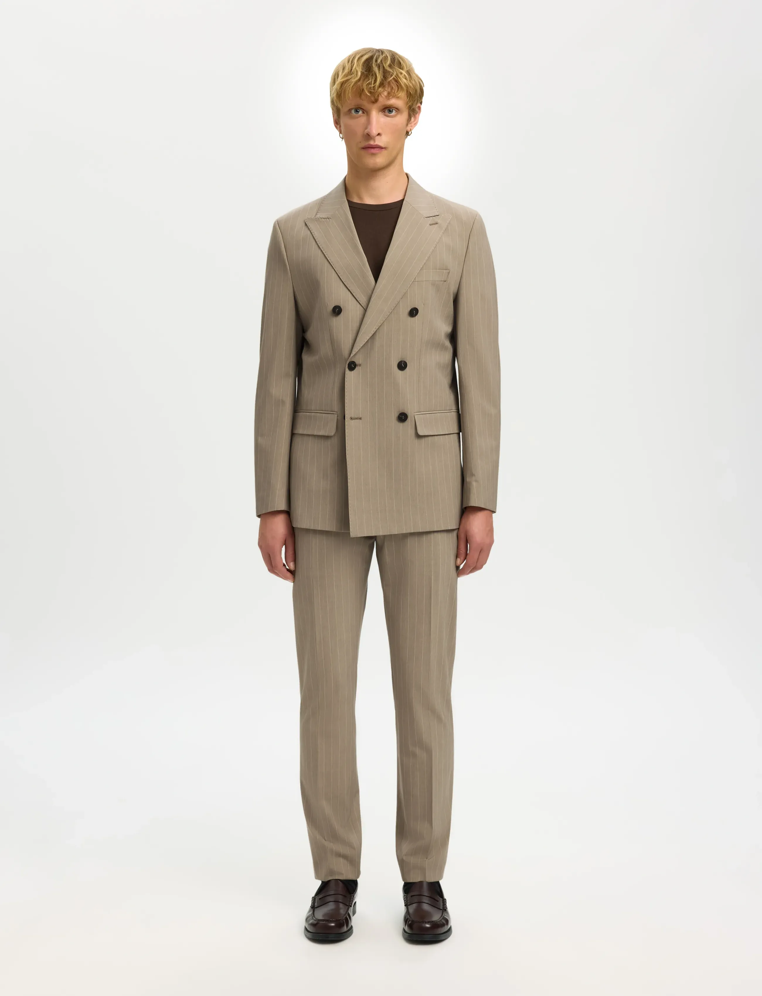 Selected - SLHSLIM-LIAM PINSTRIPED DB BLZ FLEX NOOS - dubbelknäppta kavajer - sand - 3