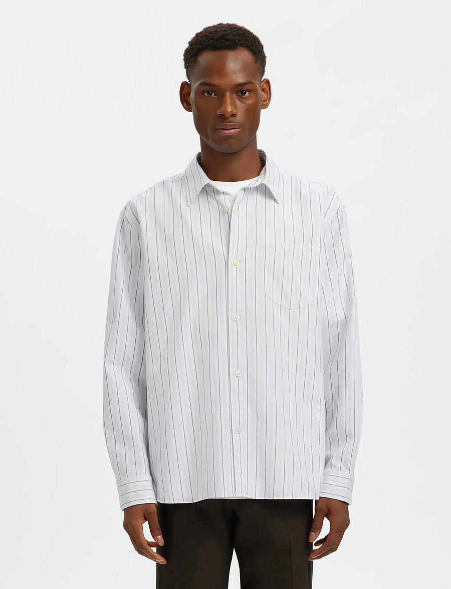 Selected - SLHRLXSANDER OXFORD SHIRT LS NOOS - stribede skjorter - bright white - 0