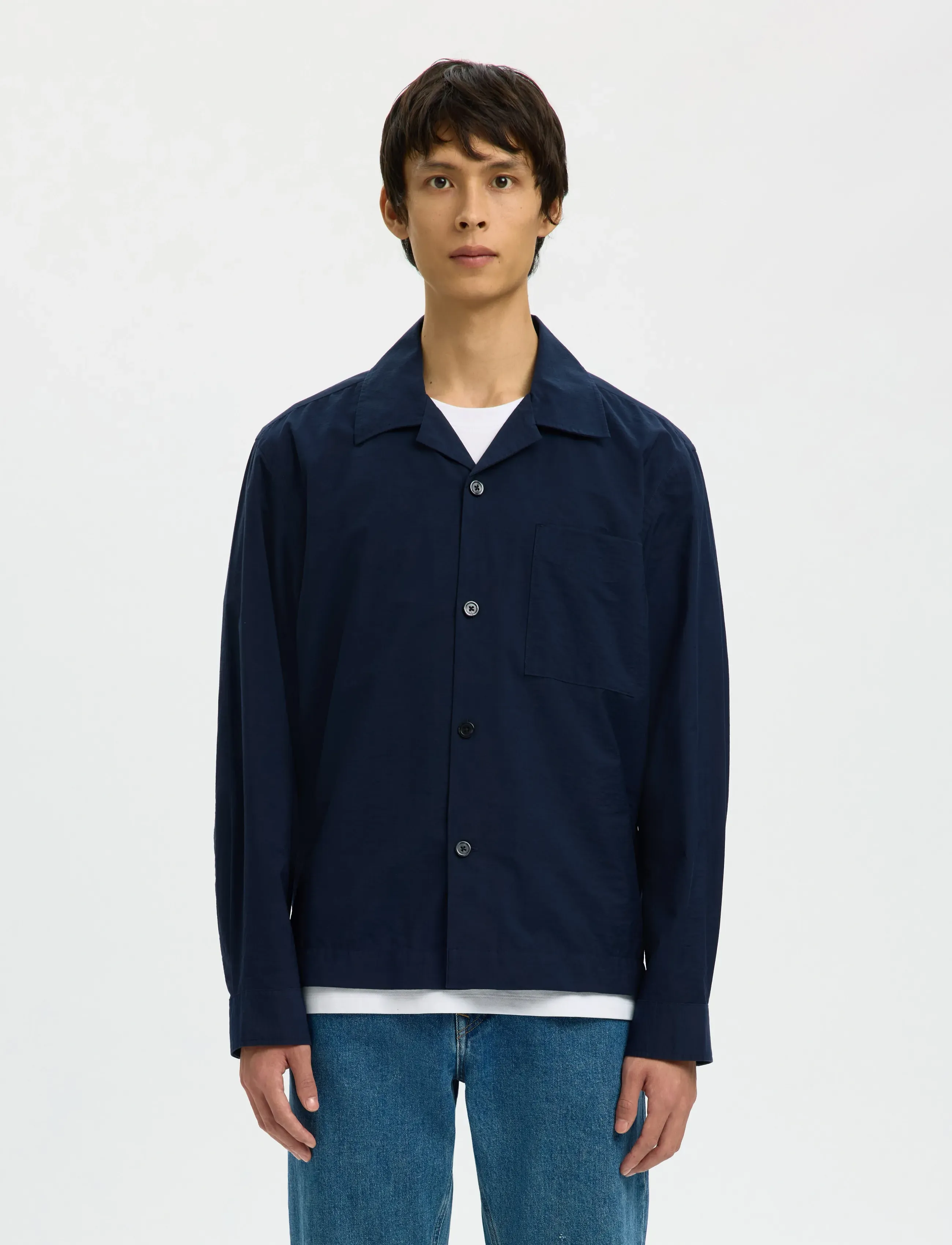 Selected Slhregotis Light Cotton Blend Overshirt, Mænd, Overshirt, Navy, Str: XXL
