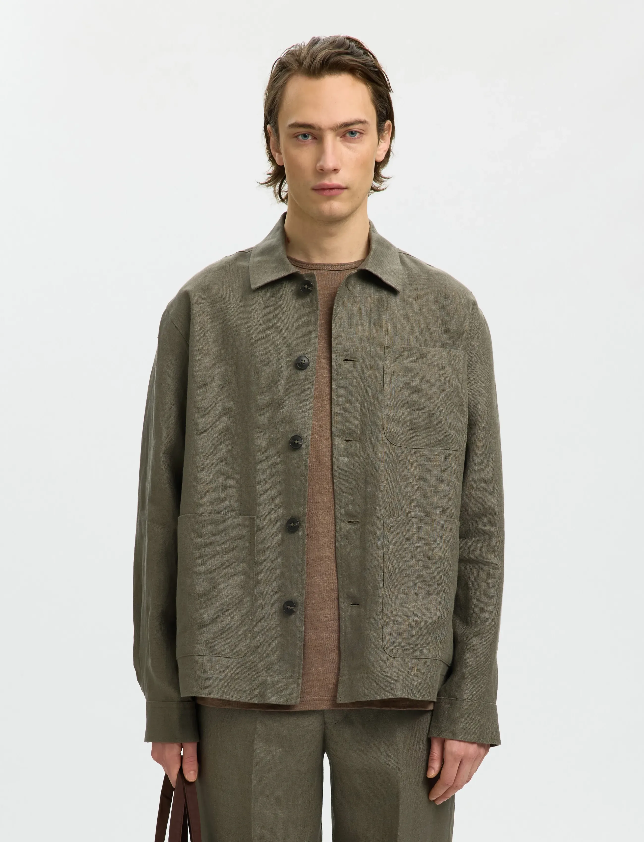 Selected Slhregbaird Linen Overshirt Resort, Mænd, Overshirt, Kakigrøn, Str: XL