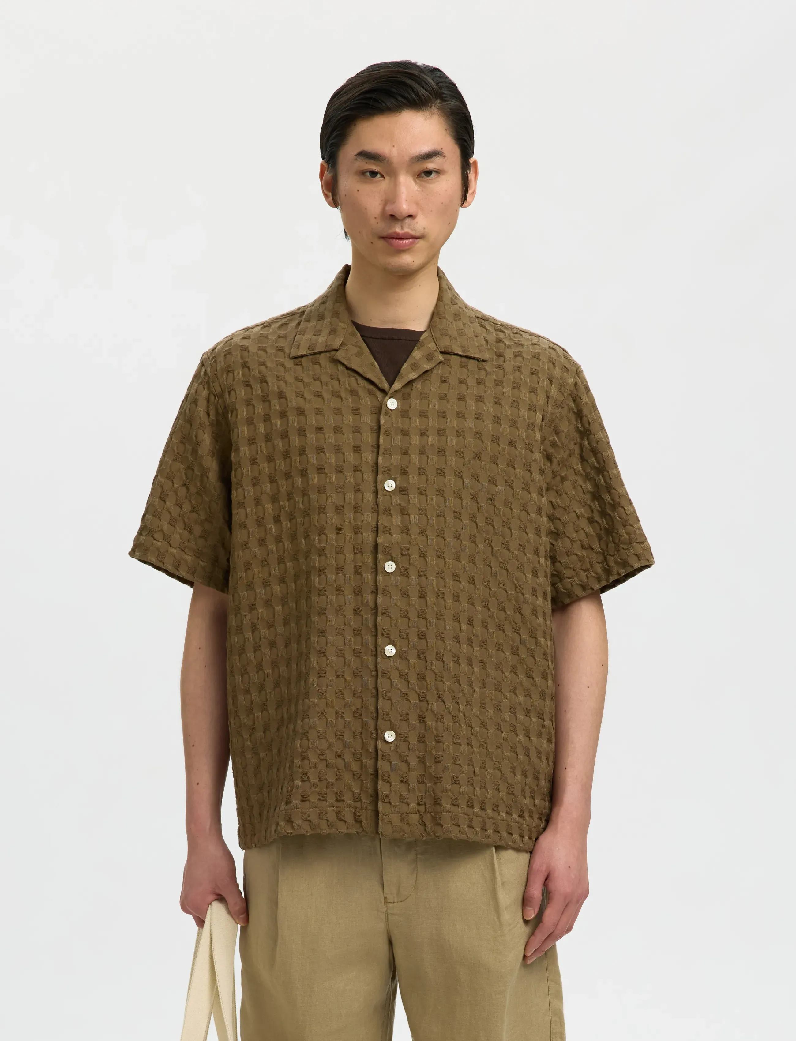 Selected Slhrlxmonty Texture Ss Shirt, XL, Shirts, Weiß - Short-sleeved Männerswear