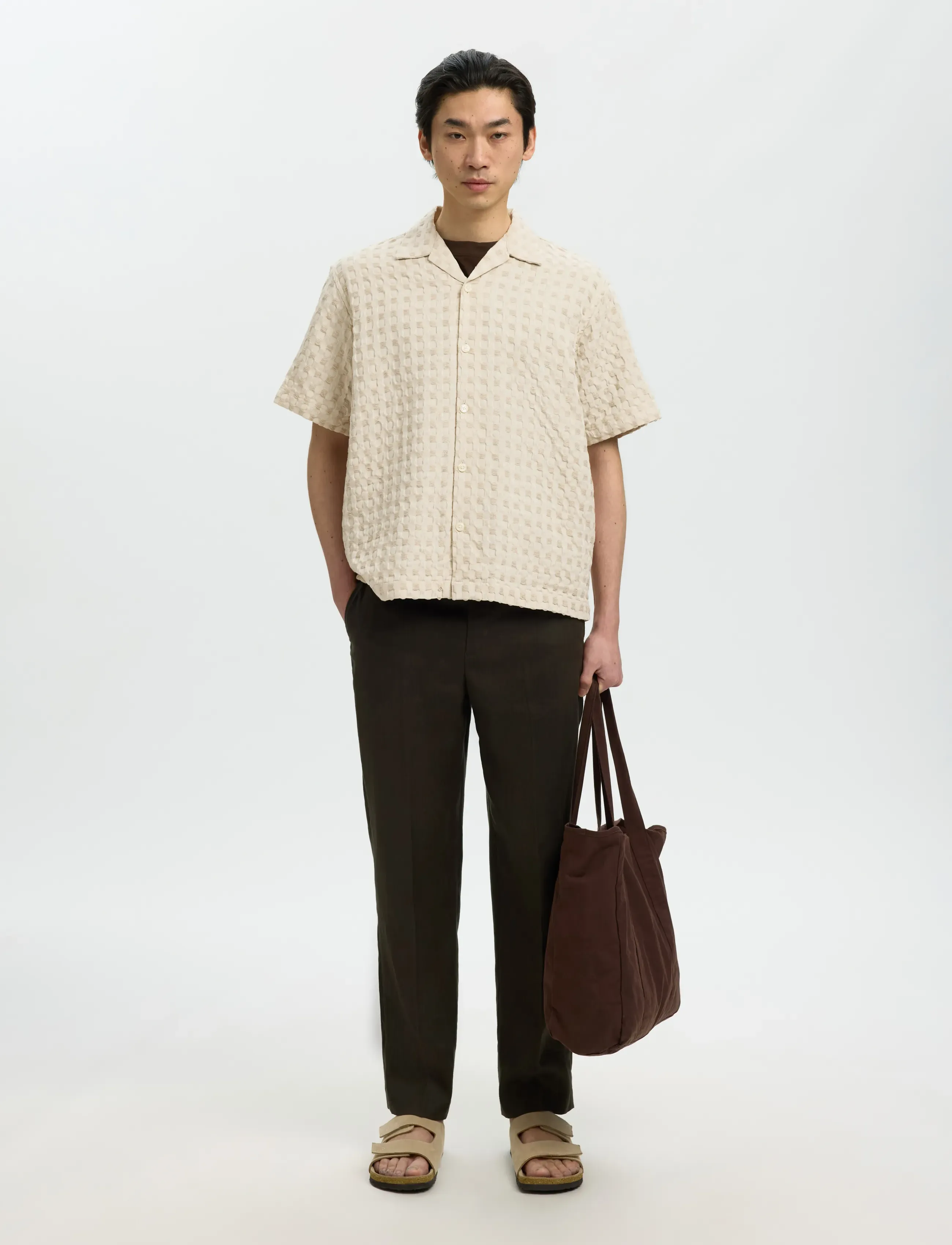 Selected - SLHRLXMONTY TEXTURE SS SHIRT - kortærmede skjorter - oatmeal - 3