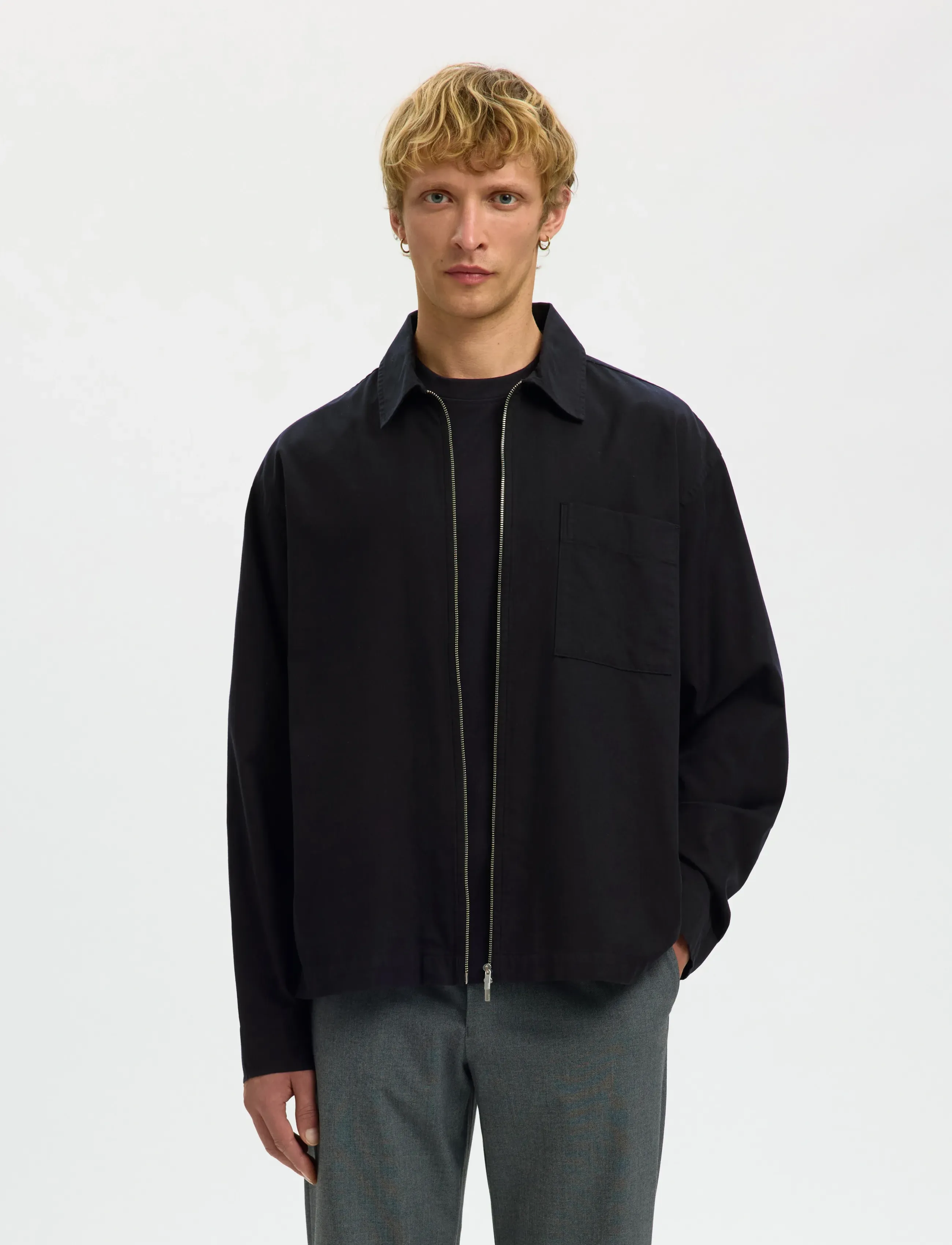 Selected Slhrlxdavid Mix Zip Overshirt, S, Jackets, Schwarz - Light Männerswear