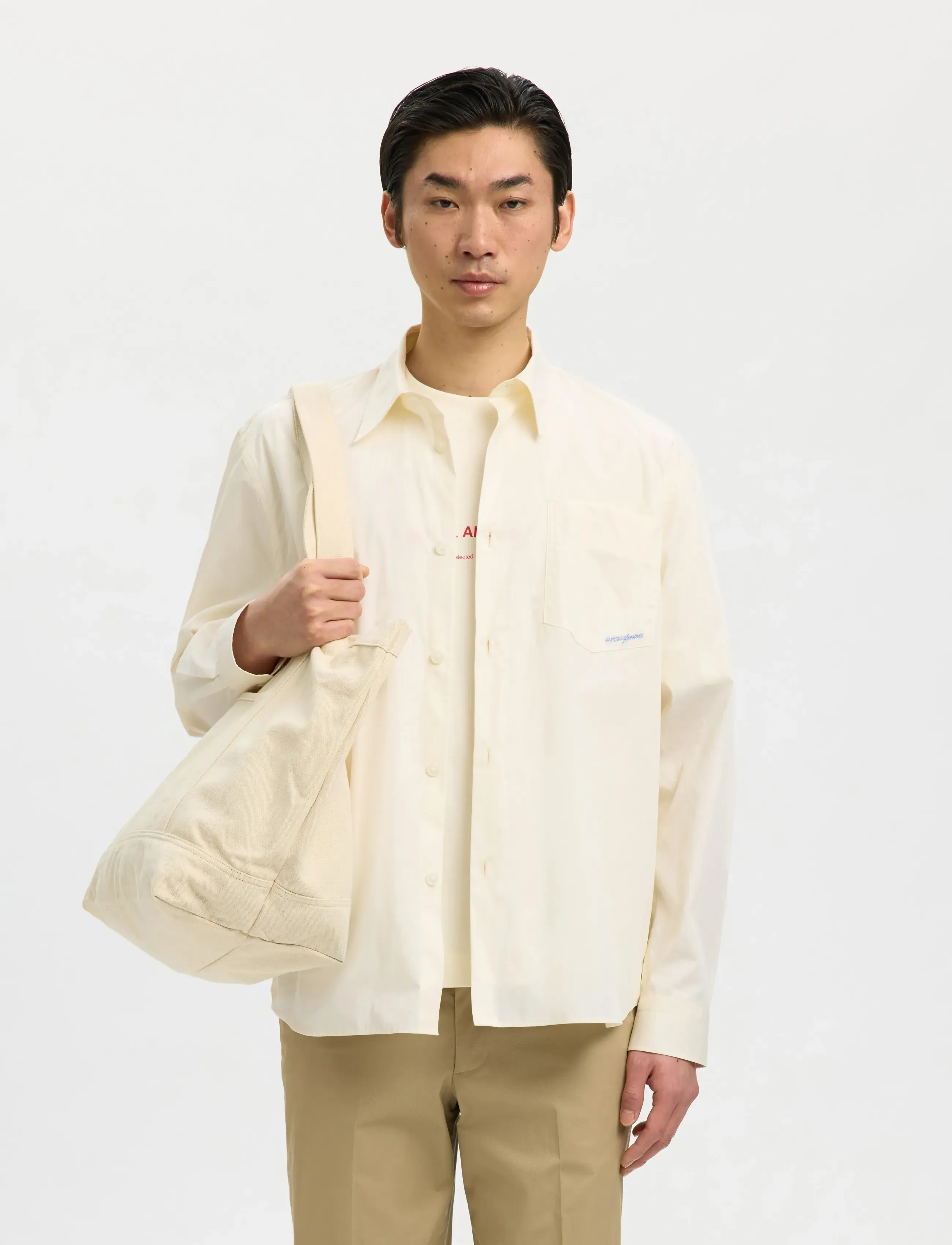 Selected Slhrlxhotel Amour Emb Ls Shirt, XL, Cream, Shirts > Striped Shirts, Herre