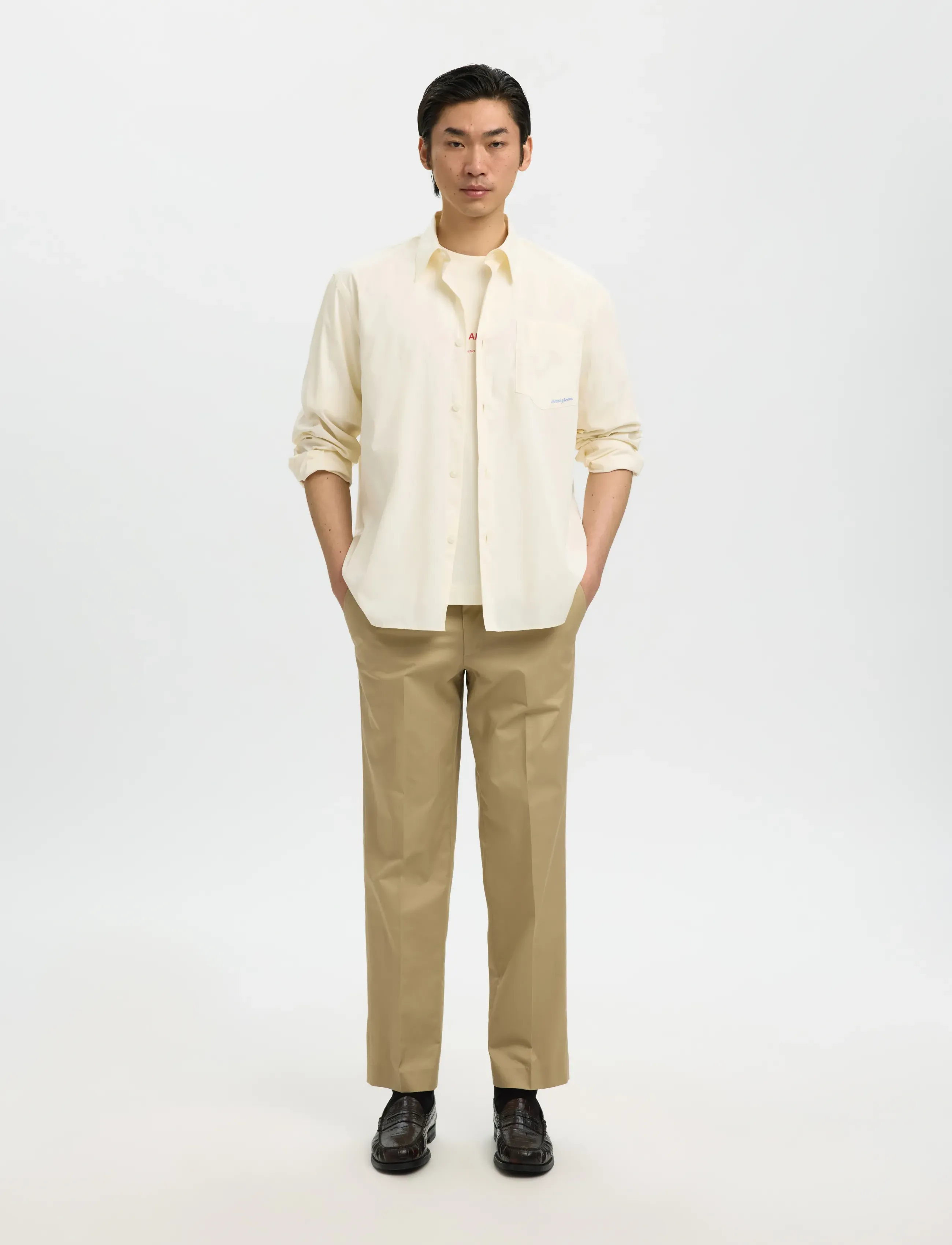 Selected - SLHRLXHOTEL AMOUR EMB LS SHIRT - stribede skjorter - egret - 5