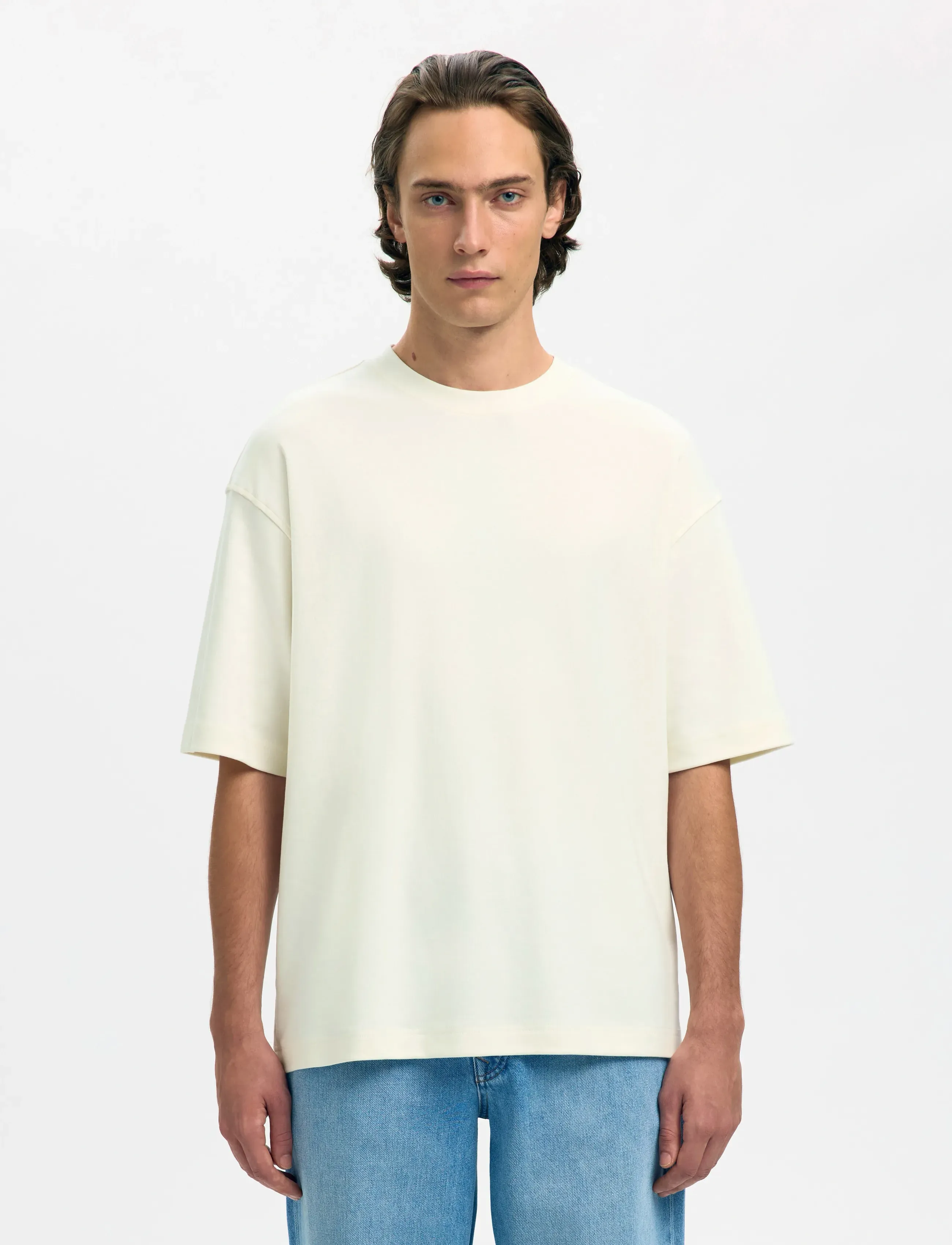 Selected SLHRELAXASPEN INTERLOCK SS O-NECK TEE - Tøj - EGRET / cream
