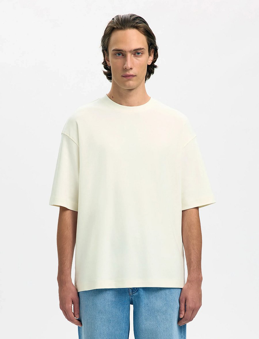Selected - SLHRELAXASPEN INTERLOCK SS O-NECK TEE - kurzärmelige t-shirts - egret - 0