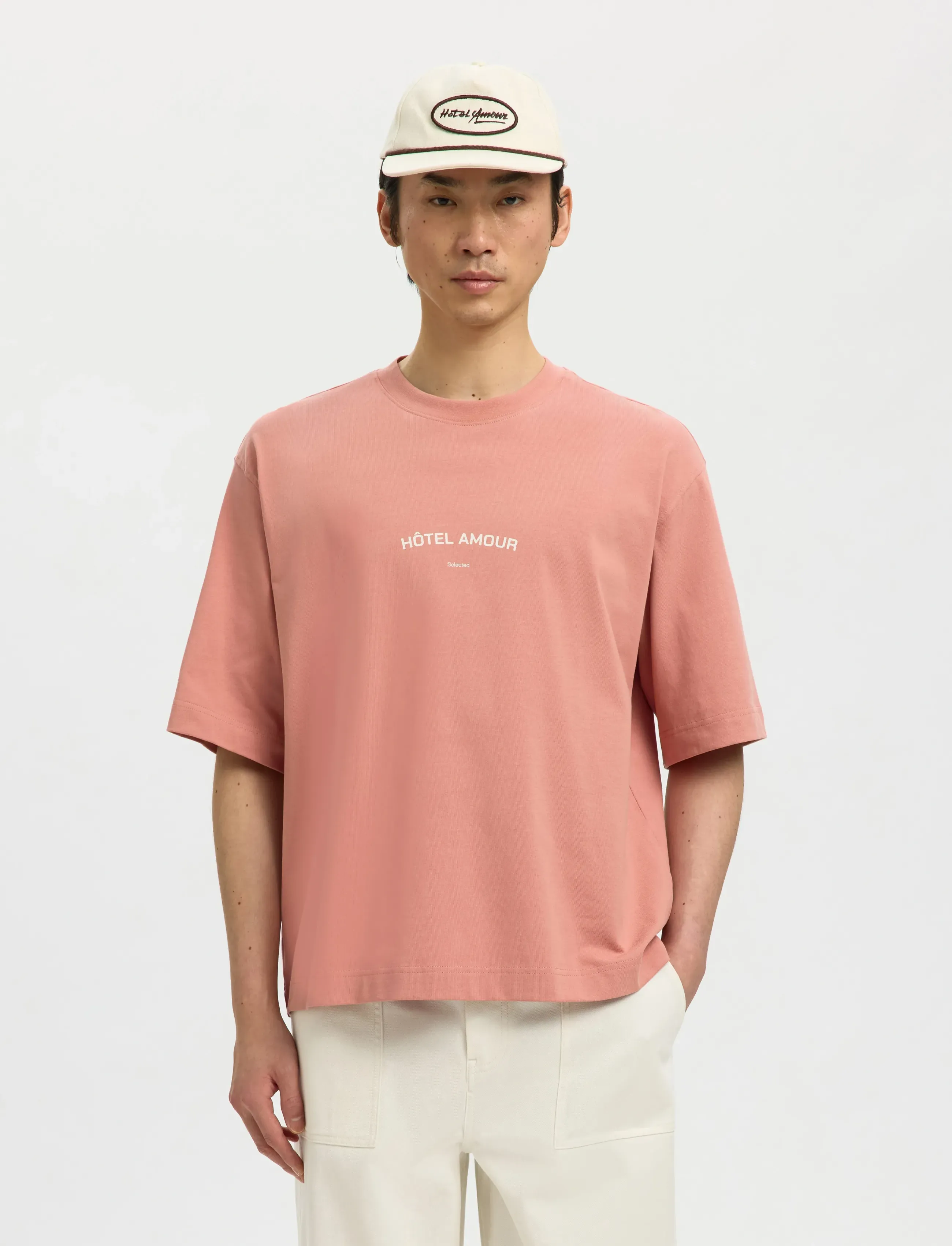 Selected SLHBOXYLIAM SS O-NECK TEE HOTEL AMOUR - T-Shirts - ROSE DAWN / coral
