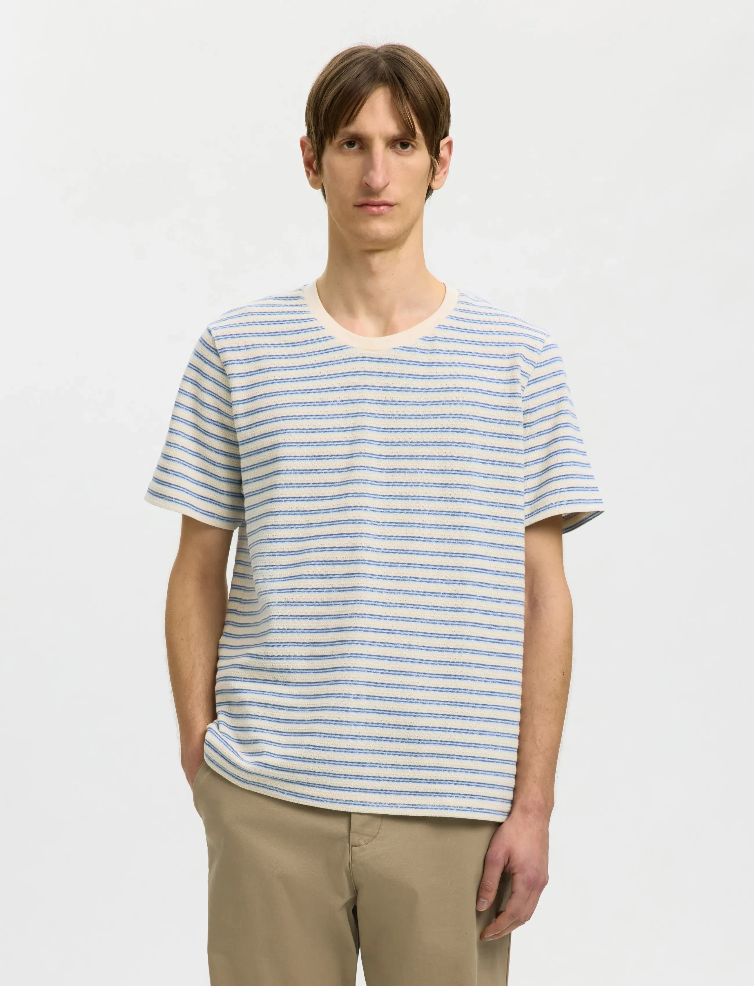 Selected Slhkevin Stripe Ss O-Neck Tee, S, T-shirts, Blau - Short-sleeved, Männerswear