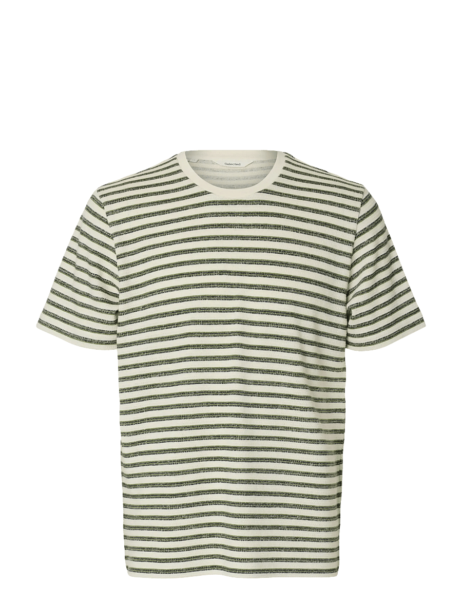 Selected - SLHKEVIN STRIPE SS O-NECK TEE - kurzärmelige t-shirts - egret - 1