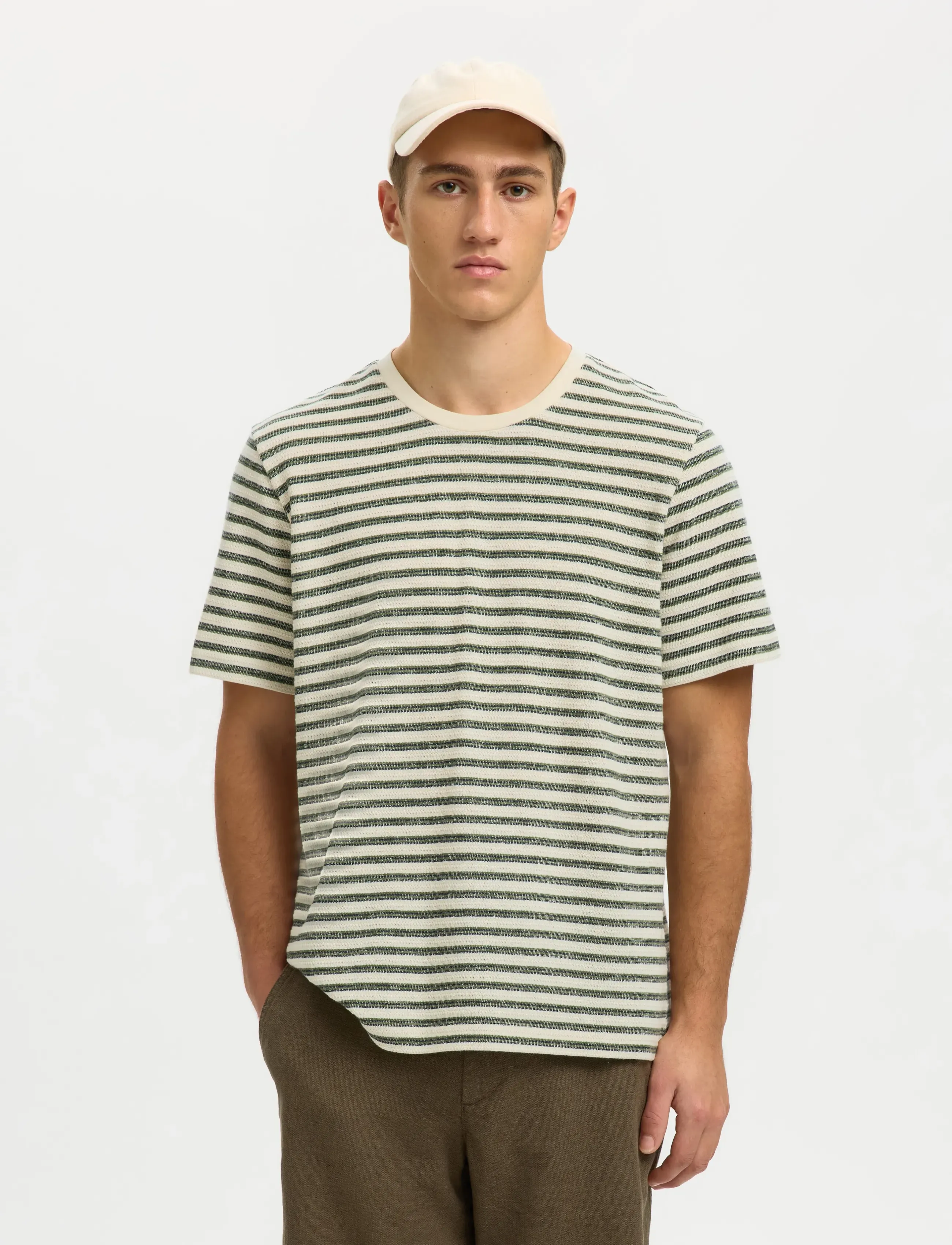 Selected Slhkevin Stripe Ss O-Neck Tee, S, T-shirts, Creme - Short-sleeved, Männerswear