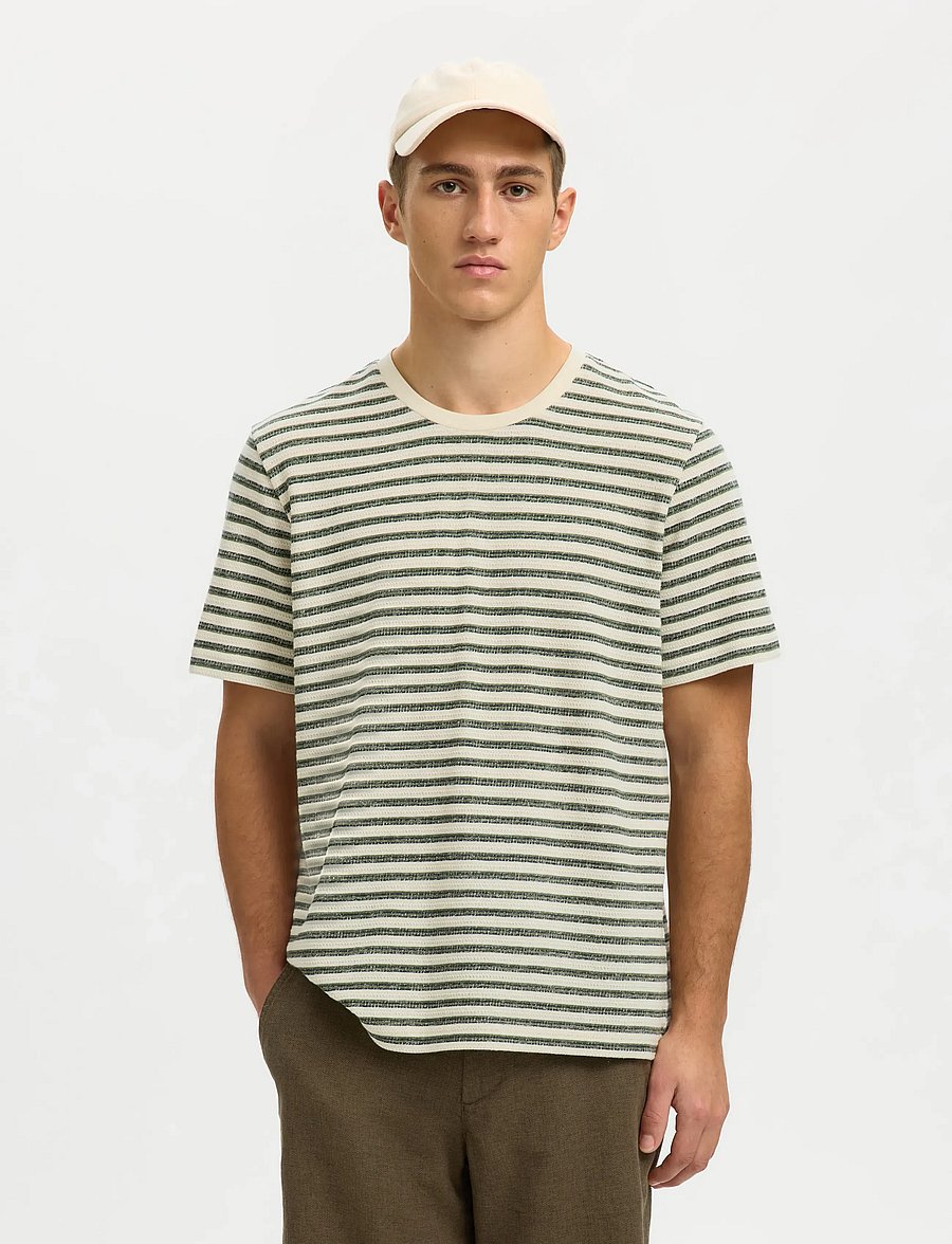 Selected - SLHKEVIN STRIPE SS O-NECK TEE - kurzärmelige t-shirts - egret - 0