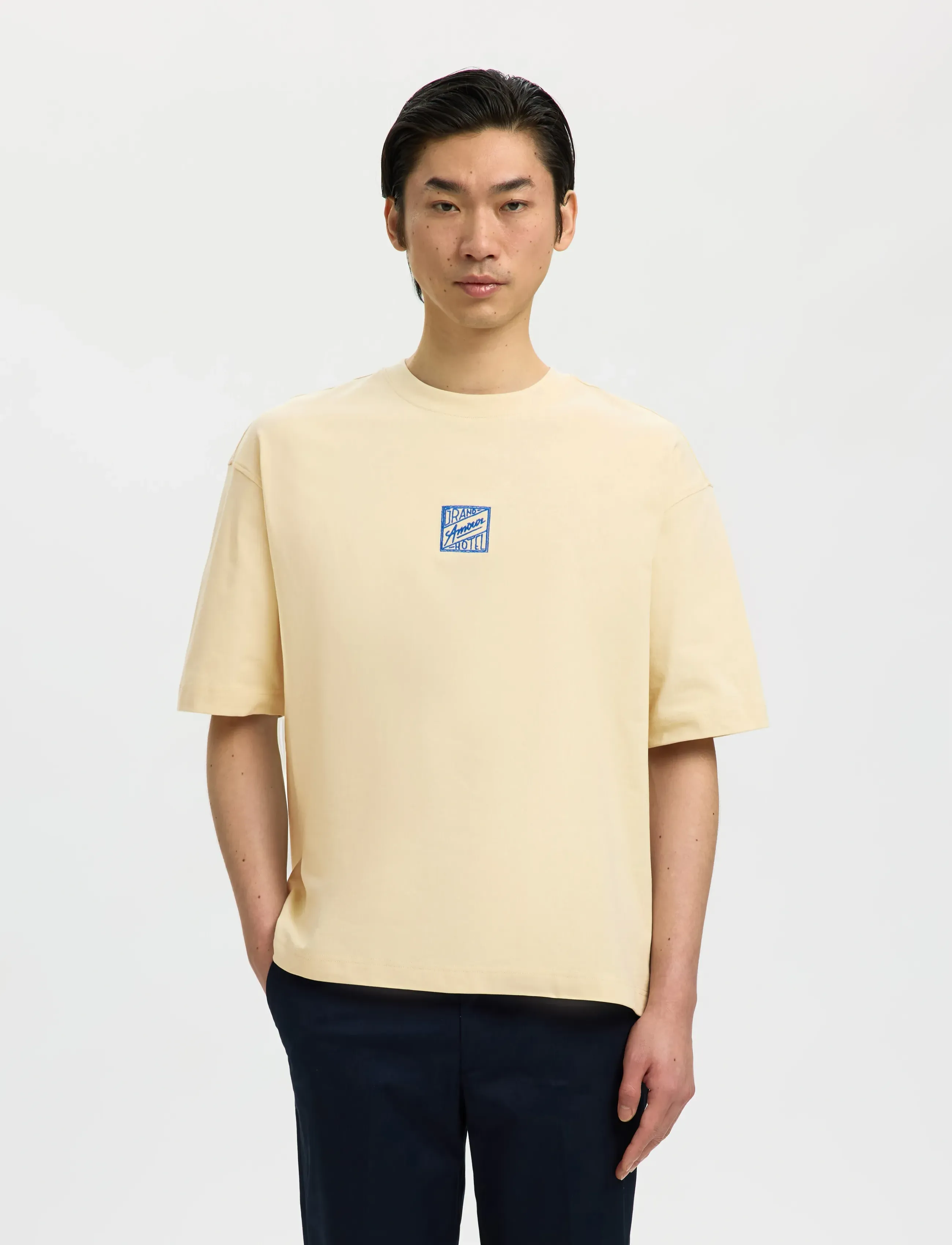 Selected Slhrelaxbrock Ss Tee Hotel Amour, Mænd, T-Shirt, Cream, Str: XXL