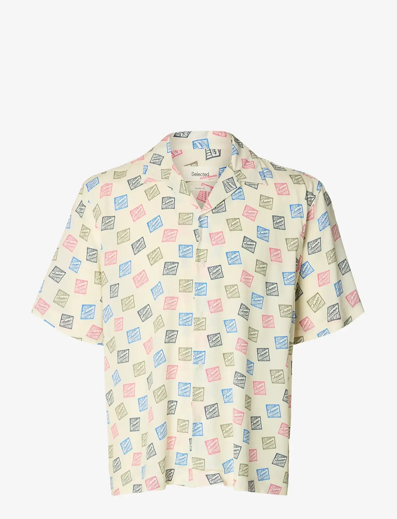 Selected - SLHRLXHOTEL AMOUR STAMPS AOP SS SHIRT - mønstrede skjorter - egret - 1