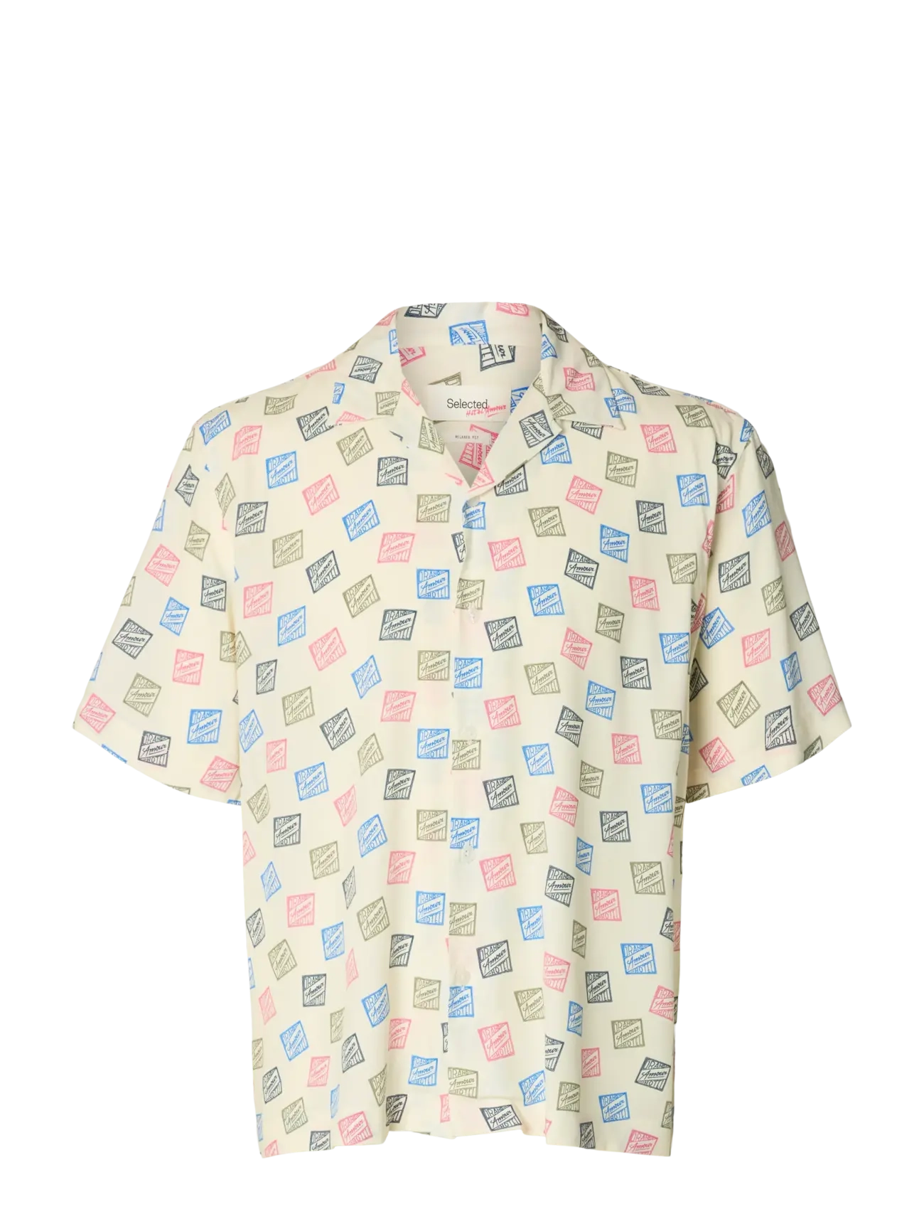 Selected SLHRLXHOTEL AMOUR STAMPS AOP SS SHIRT - Selected - EGRET / multi