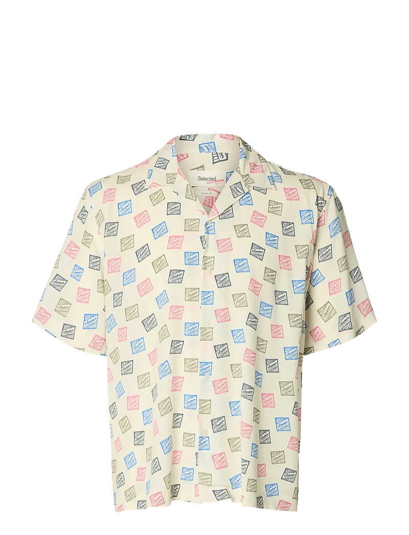 Selected - SLHRLXHOTEL AMOUR STAMPS AOP SS SHIRT - mønstrede skjorter - egret - 1