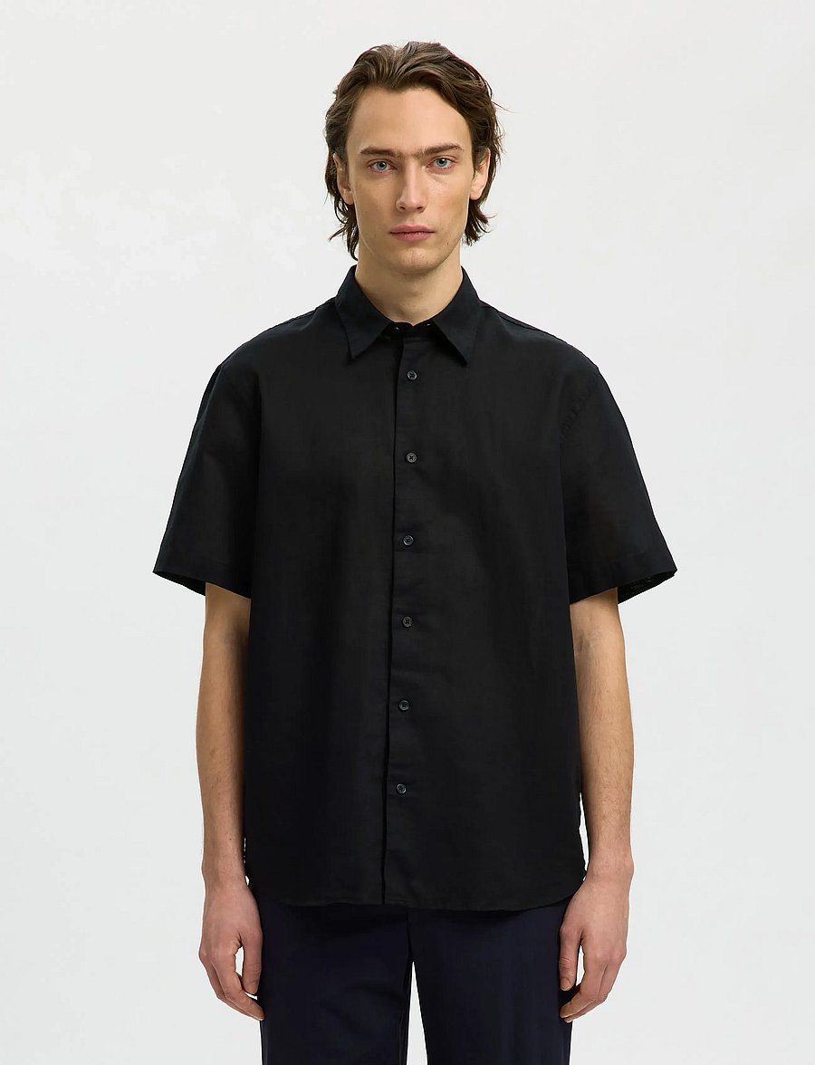 Selected - SLMREGCLAUS CLAY LINENBLEND SS SHT NOOS - kurzarmhemden - black - 0