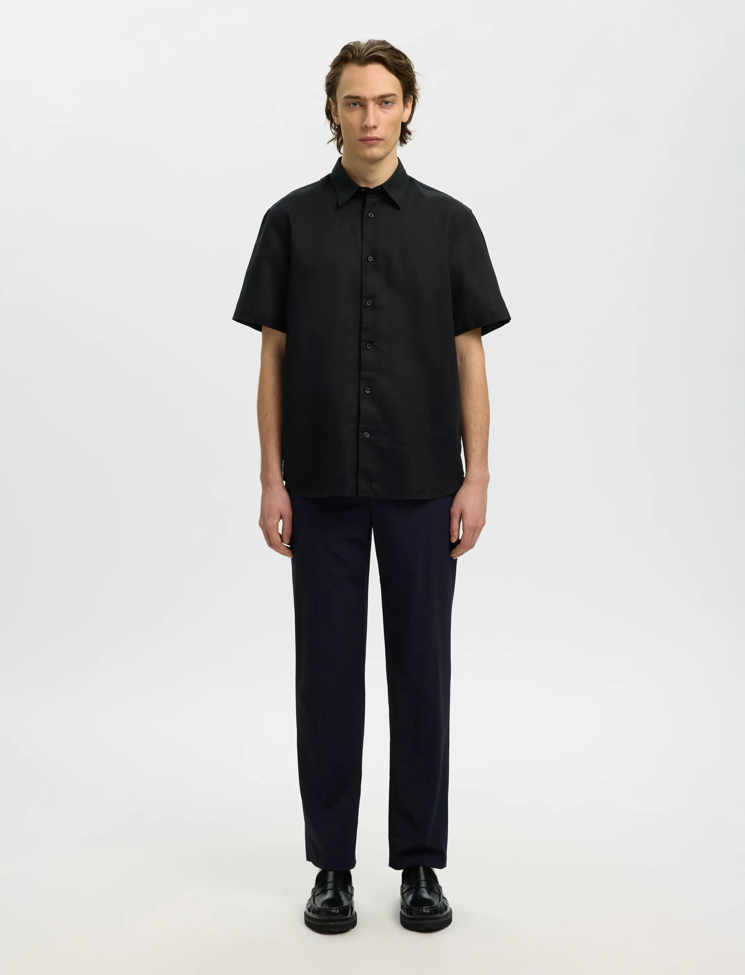 Selected - SLMREGCLAUS CLAY LINENBLEND SS SHT NOOS - kortærmede skjorter - black - 3