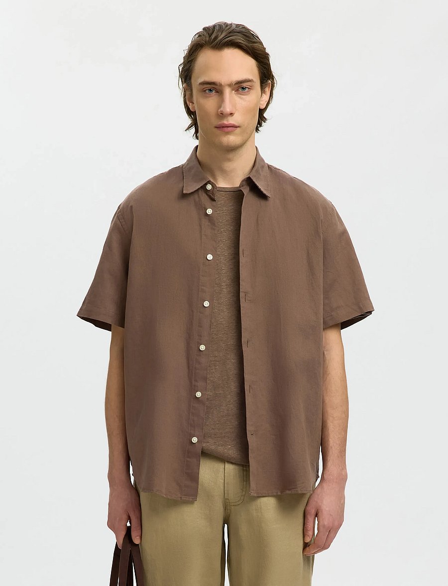 Selected - SLMREGCLAUS CLAY LINENBLEND SS SHT NOOS - kurzarmhemden - chocolate chip - 0