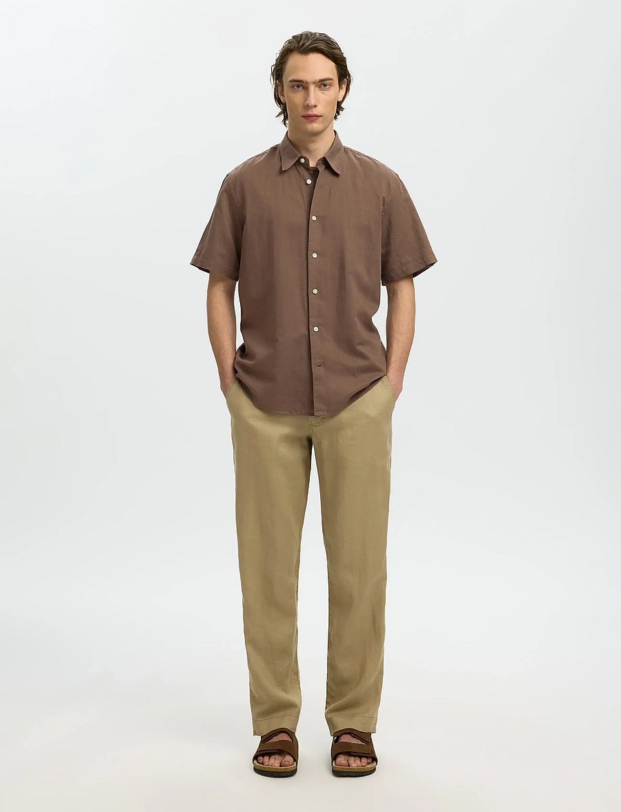 Selected - SLMREGCLAUS CLAY LINENBLEND SS SHT NOOS - kurzarmhemden - chocolate chip - 5