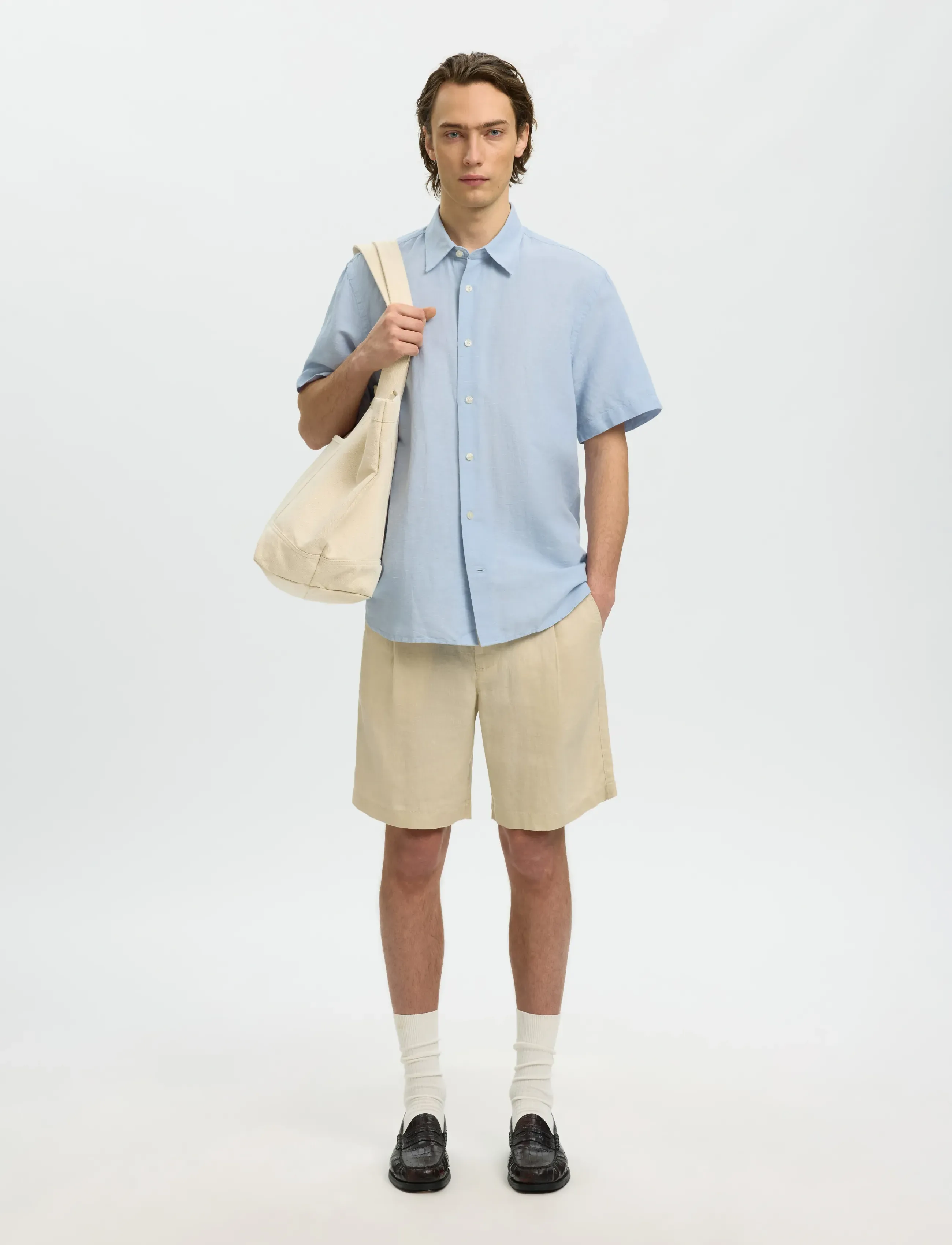 Selected - SLMREGCLAUS CLAY LINENBLEND SS SHT NOOS - kurzarmhemden - dusty blue - 3