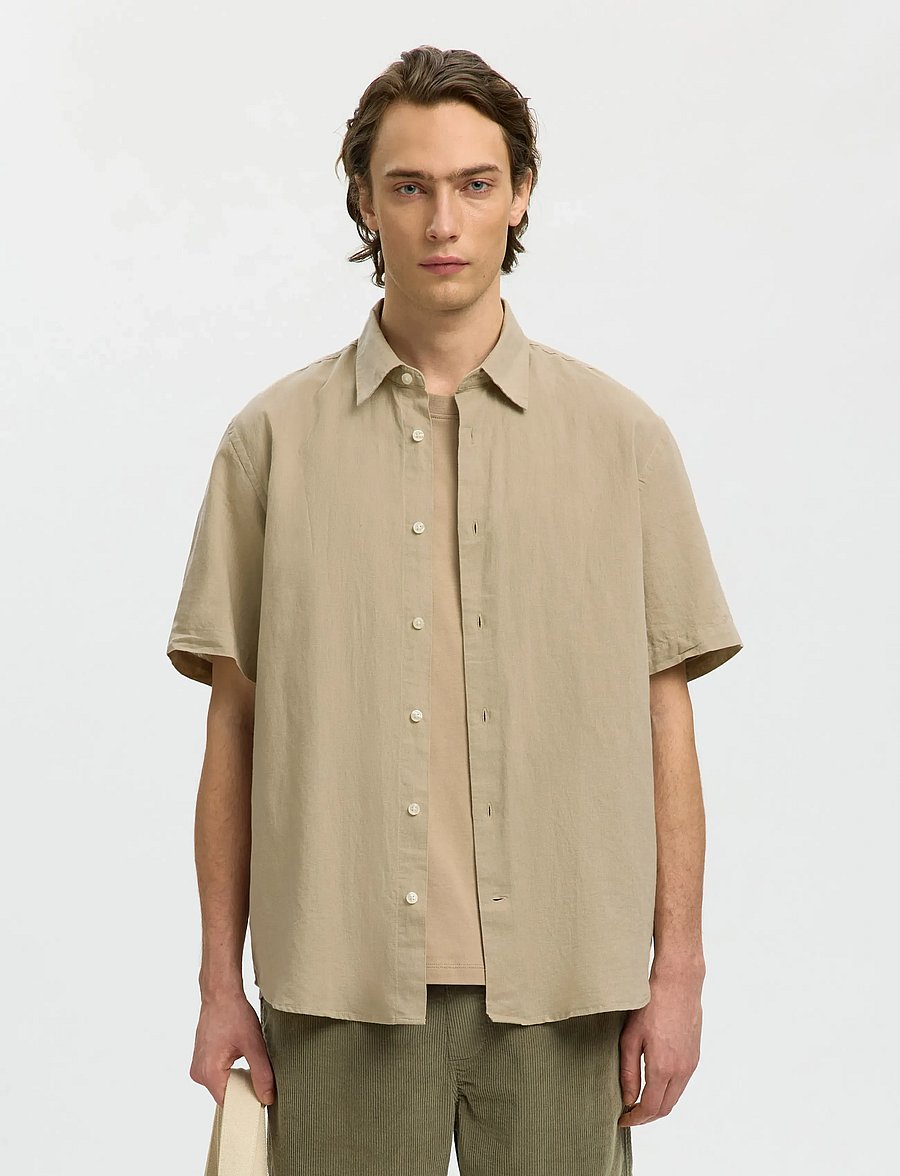 Selected - SLMREGCLAUS CLAY LINENBLEND SS SHT NOOS - short-sleeved shirts - pure cashmere - 0