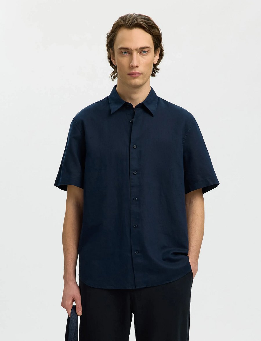 Selected - SLMREGCLAUS CLAY LINENBLEND SS SHT NOOS - short-sleeved shirts - sky captain - 0