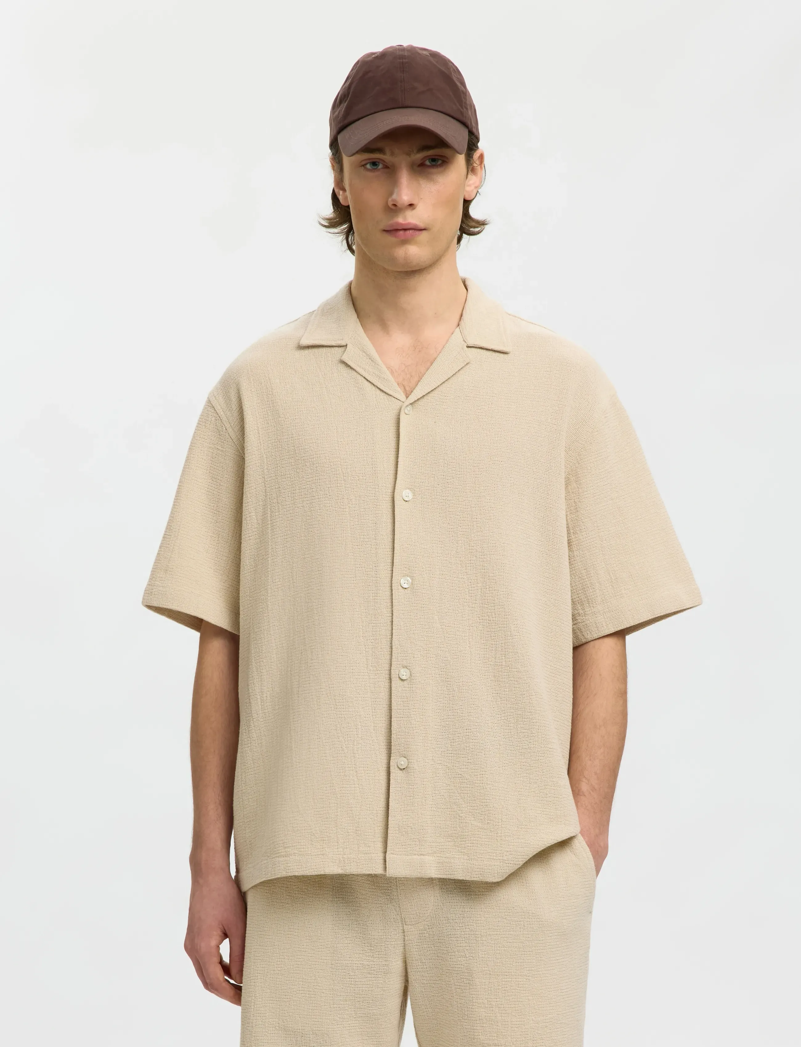 Selected Slhrlxcal Ss Shirt Resort, S, Shirts, Creme - Casual Männerswear