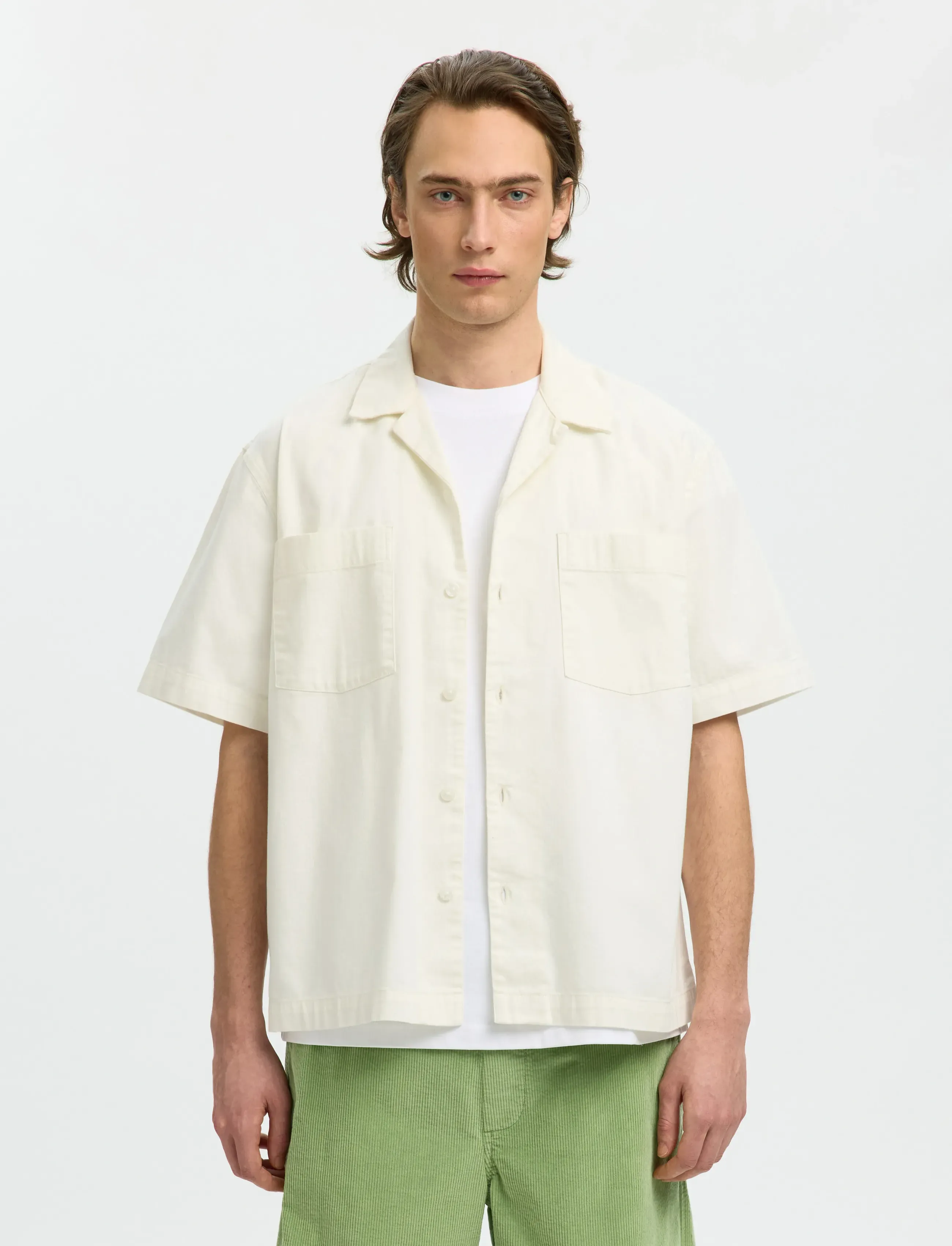 Selected SLHRLXCARLO DENIM SS SHIRT RESORT - Denim Shirts - ECRU / cream
